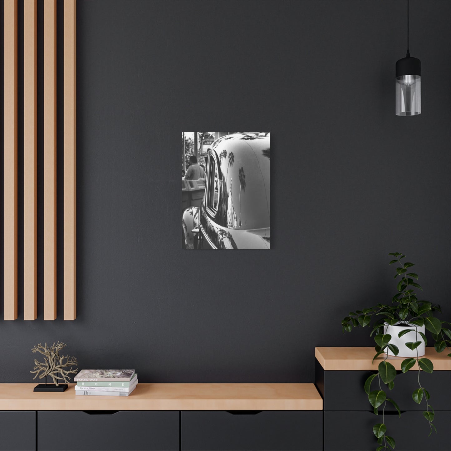 Vintage Car with Palm Tree Reflections Matte Stretched Canvas Art Photography Print, Florida Black & White Photography Wall Art 1.25"