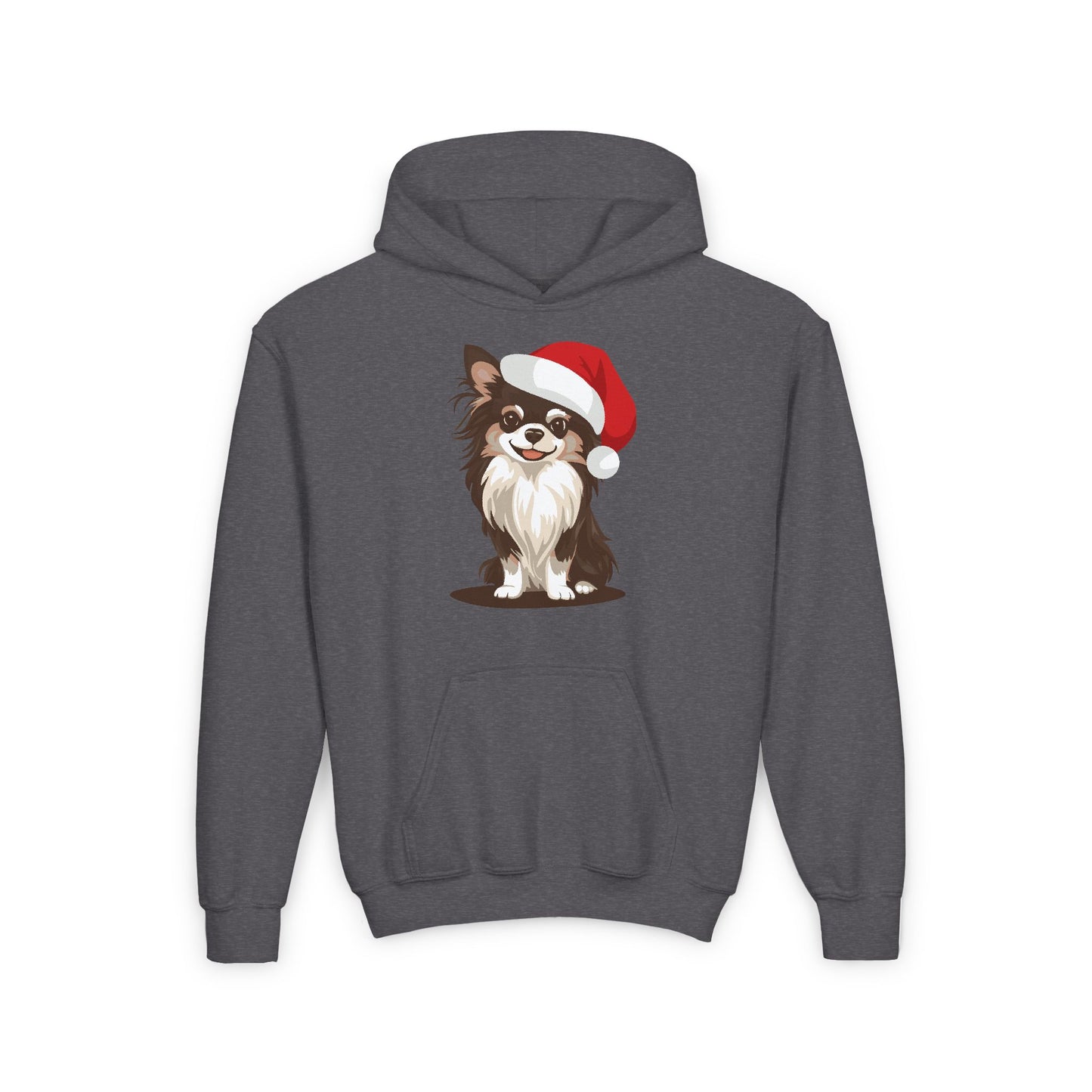 Christmas Long Haired Chihuahua Dog Kids Pullover Hoodie, Holiday Xmas Dogs Santa Hat Youth Hooded Sweatshirt, Winter Childrens Hoodies
