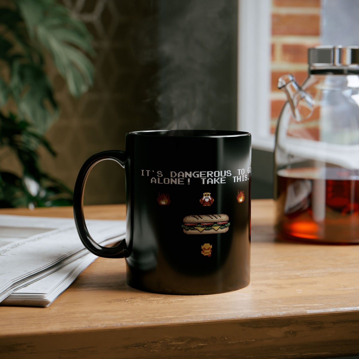 It's Dangerous To Go Alone, Take This! Black Coffee Mug, Throw Sandwiches At Fascists - Retro Gaming Mugs - Funny Political Gift for Gamers