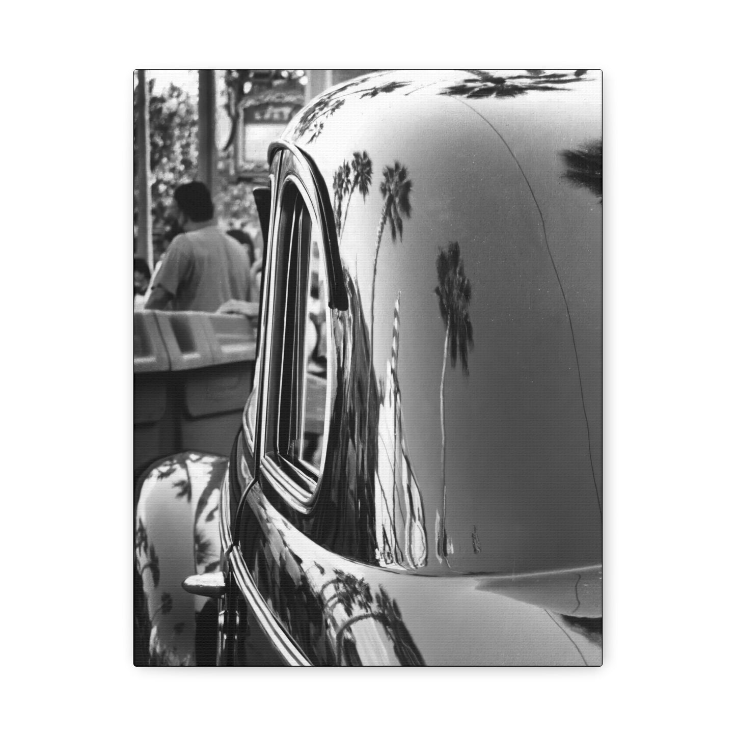 Vintage Car with Palm Tree Reflections Matte Stretched Canvas Art Photography Print, Florida Black & White Photography Wall Art 1.25"