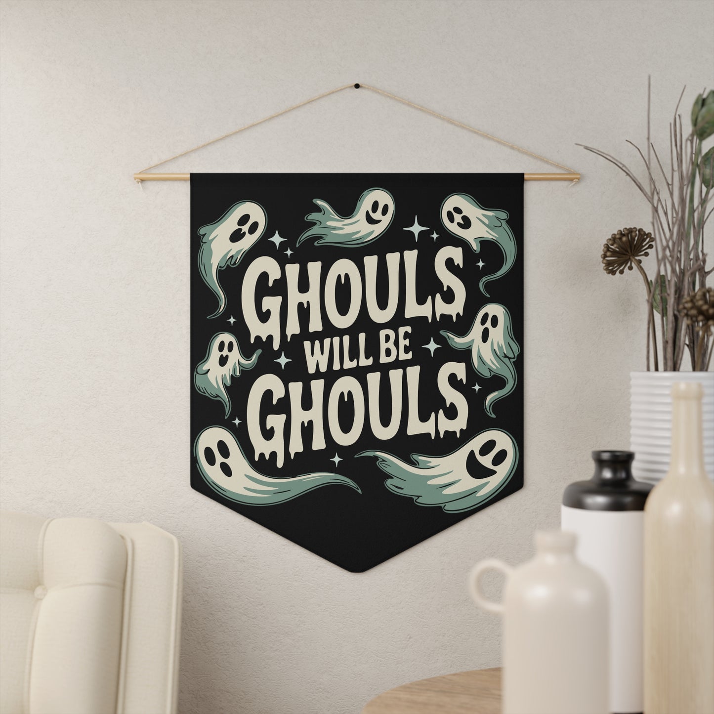 Ghouls Will Be Ghouls Halloween Wall Banner, Ghostly Pennant Holiday Home Decor, Gothic Spooky Fall Decorations, Ghost Wall Pennant Banner