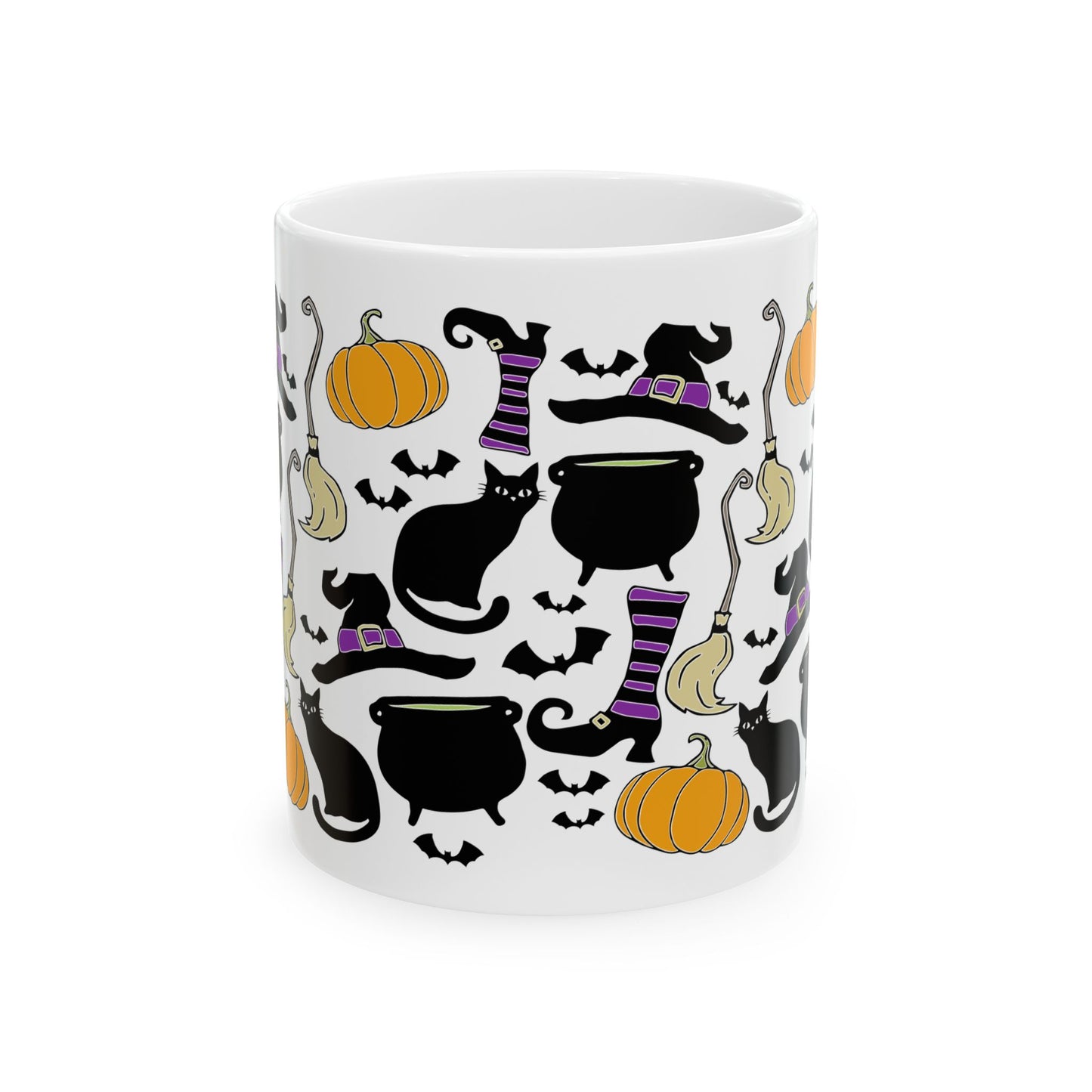 Witchy Things Halloween Ceramic Coffee Mug 11oz with Witch Hats, Black Cats, Pumpkins, Spooky Bats, & Cauldrons