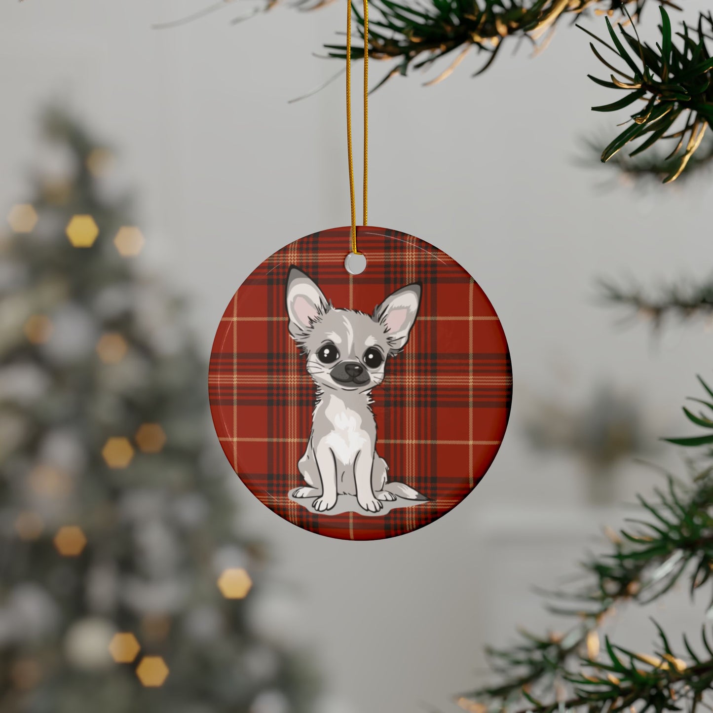 White Chihuahua Puppy Dogs Red Plaid Christmas Tree Ornament, Festive Xmas Holiday Decorations 1, 3, 5, 10 Pack Ornaments