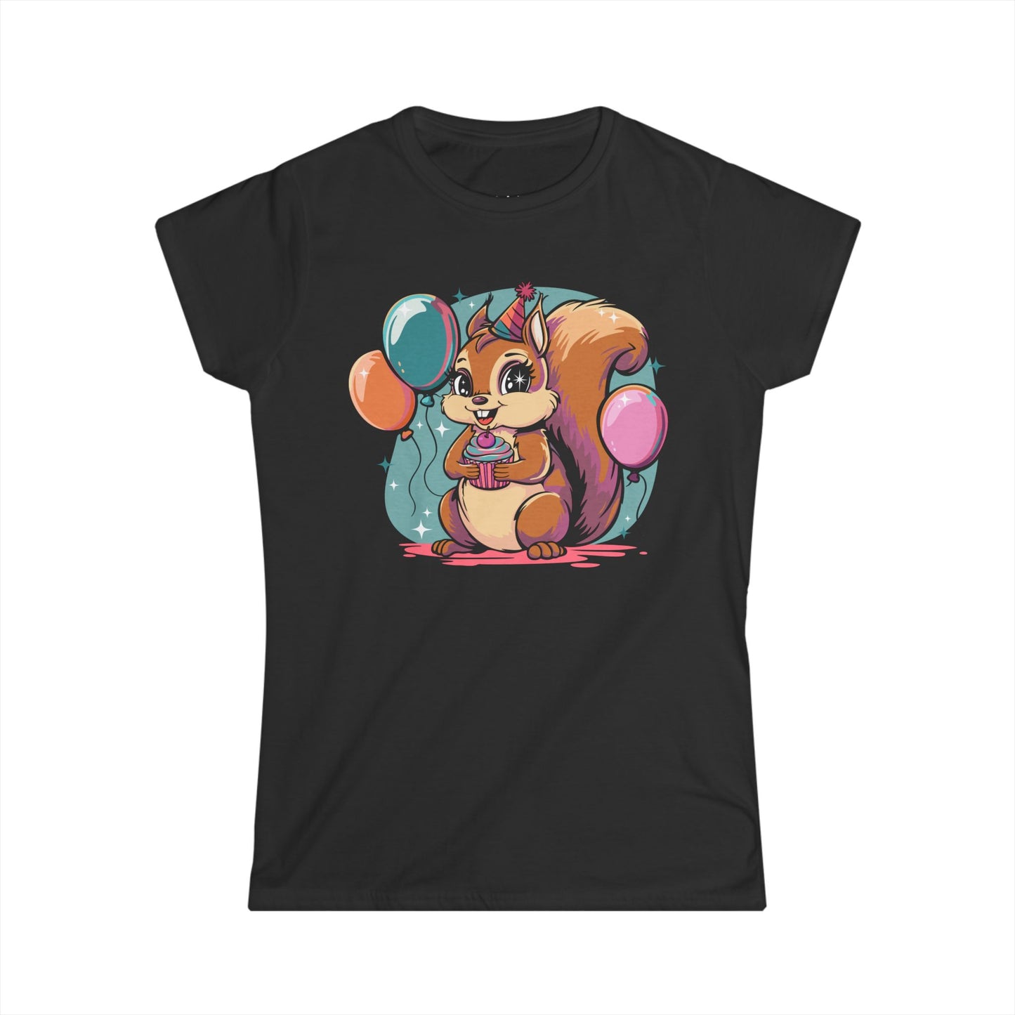Happy Birthday Party Squirrel Women's T-shirt Squirrels Balloons Cupcake Short Sleeve Tee Celebration Ladies B-day Outfit Top