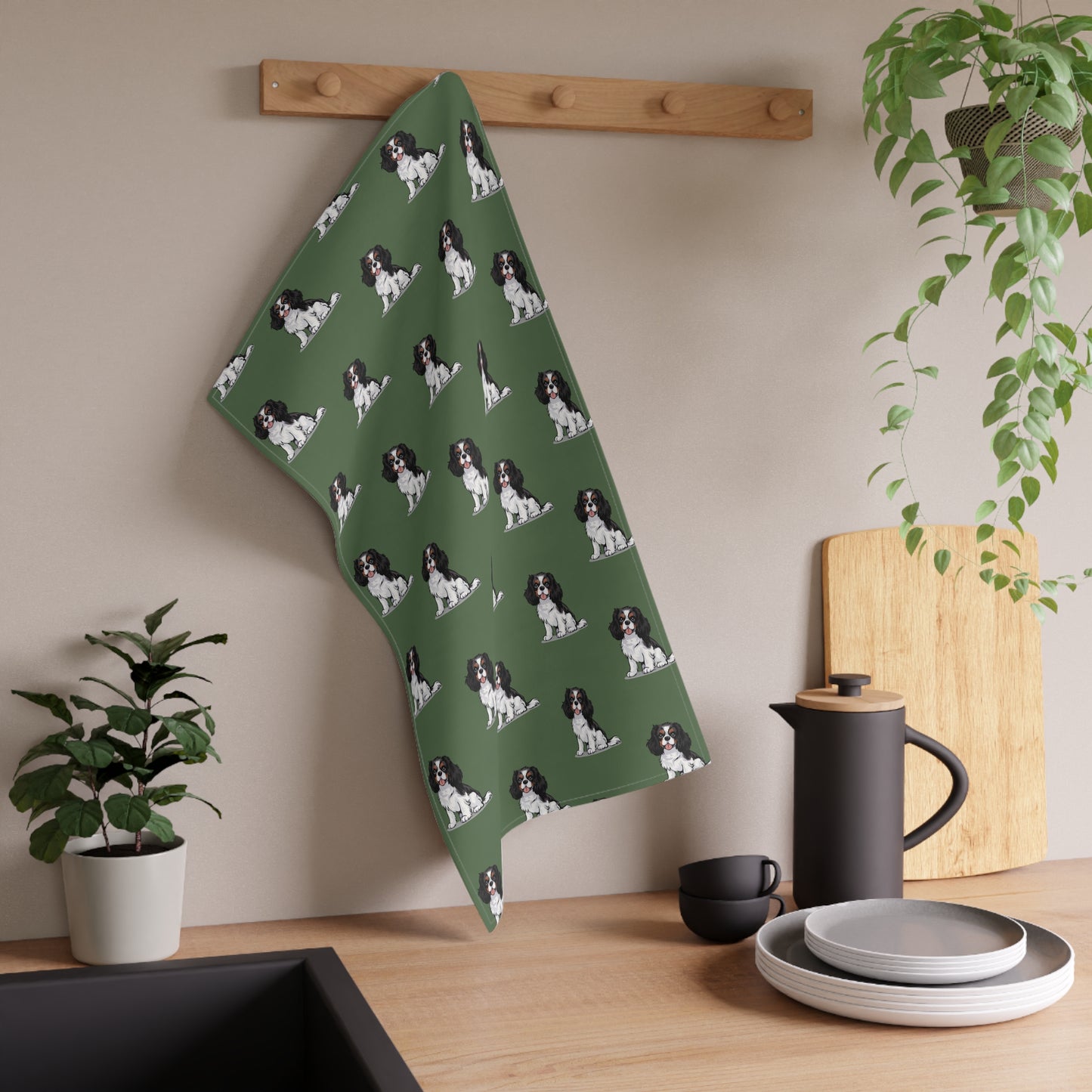 Green Cavalier King Charles Puppy Dog Tea Towel, Kitchen Hand Towels Decor Gifts, Home Accessories, Dogs Owner Gift