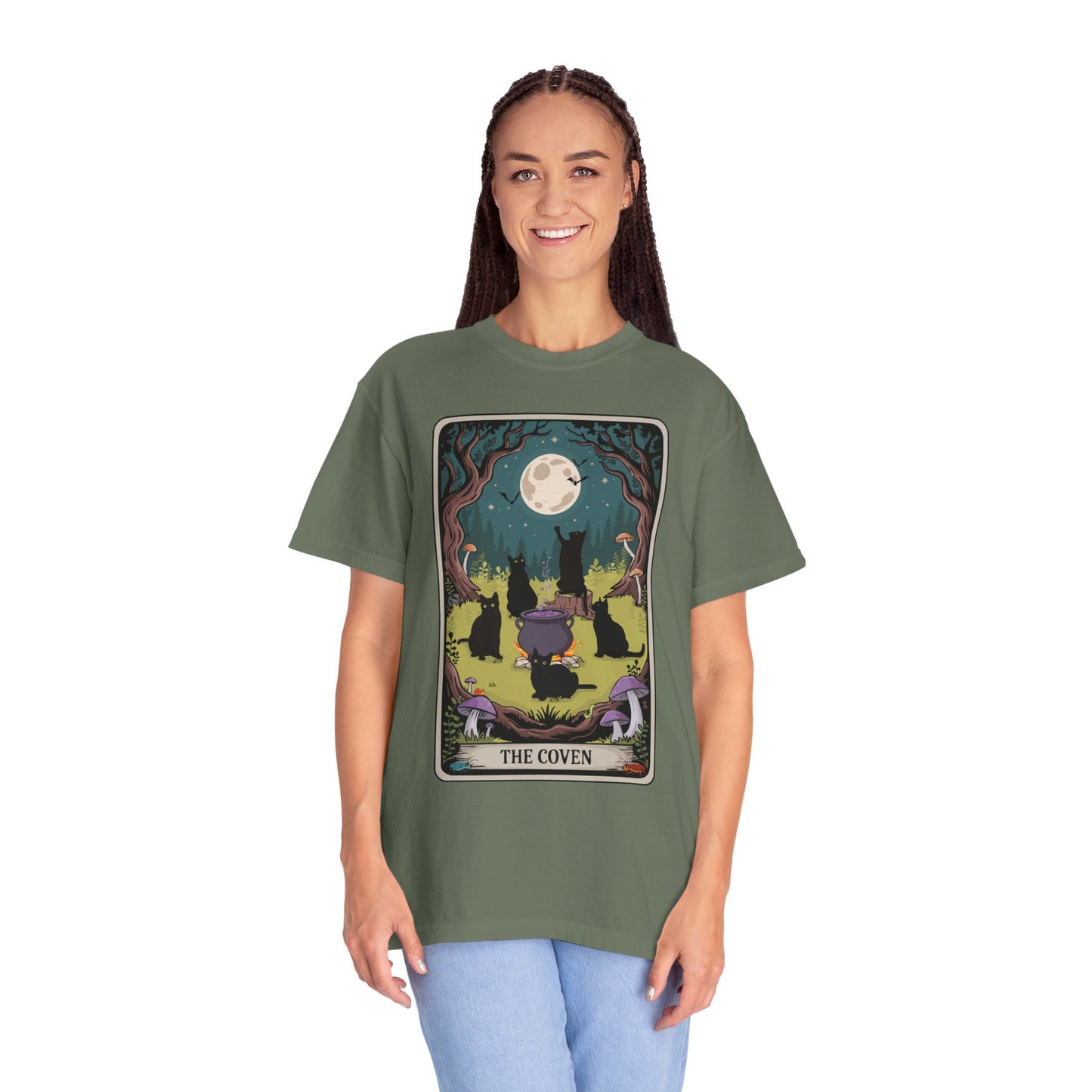 The Coven Tarot Black Cats T-shirt, Witchy Halloween Cat Tee, Full Moon Forest Cauldron Shirt, Wiccan Pagan Magic Top, Witch Gothic Apparel