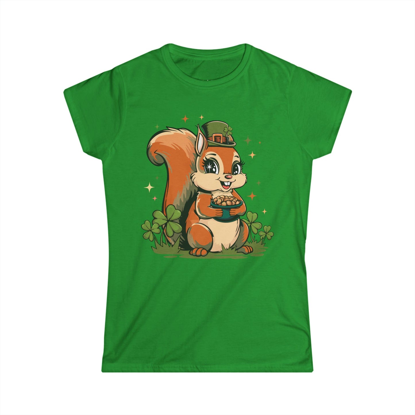 St Patrick's Day Women's T-Shirt with Leprechaun Squirrel, Spring Holiday Tee Shirt, Lucky Charm Top, Short Sleeve Ladies T-shirts