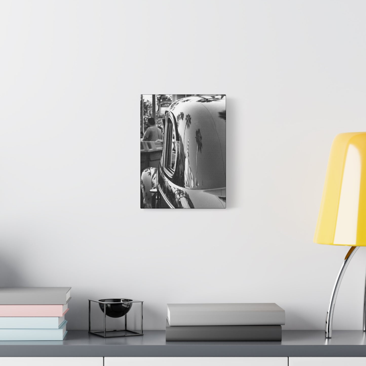 Vintage Car with Palm Tree Reflections Matte Stretched Canvas Art Photography Print, Florida Black & White Photography Wall Art 1.25"