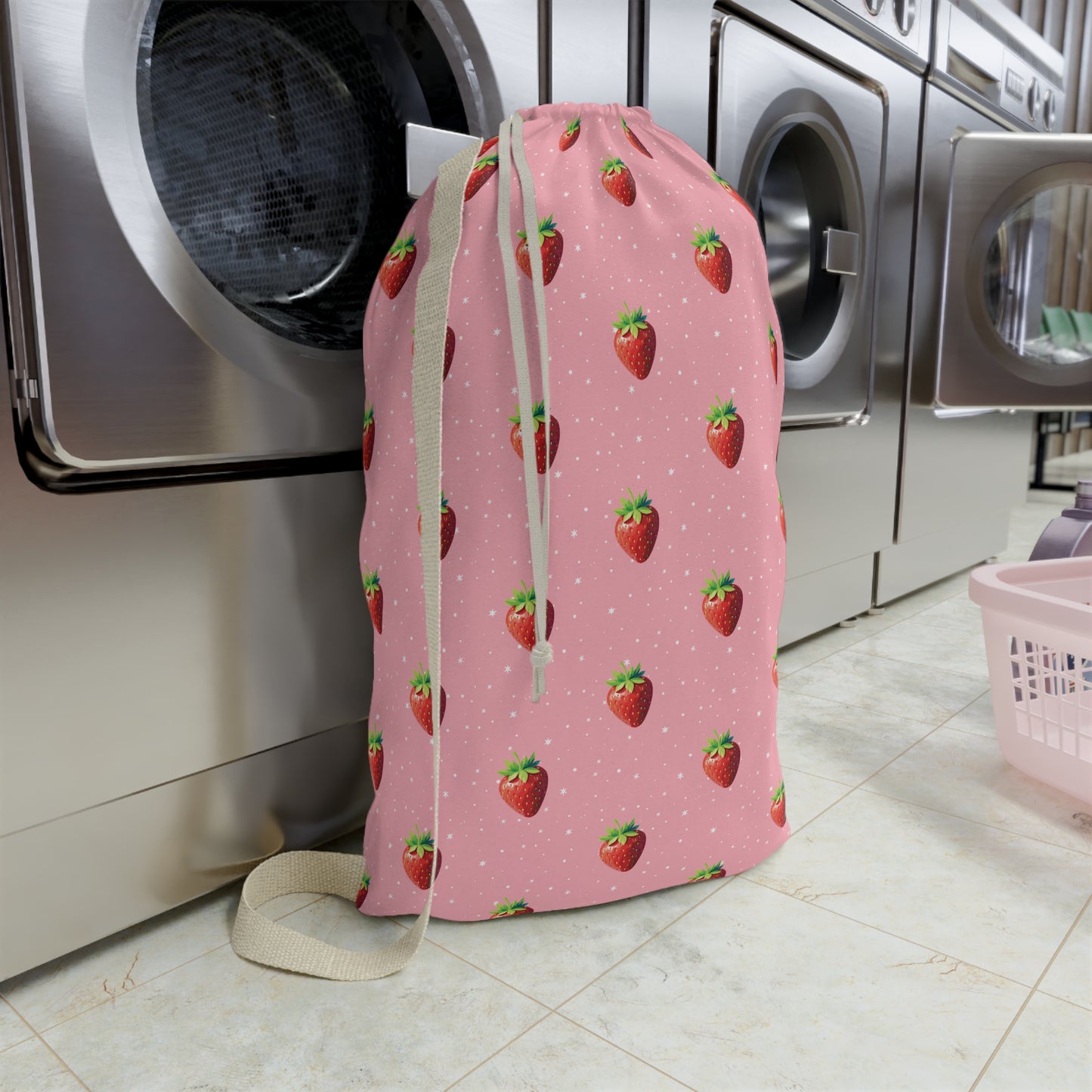 Pink Laundry Bag with Red Strawberries Pattern Design, Strawberry Laundry Bags with Drawstring