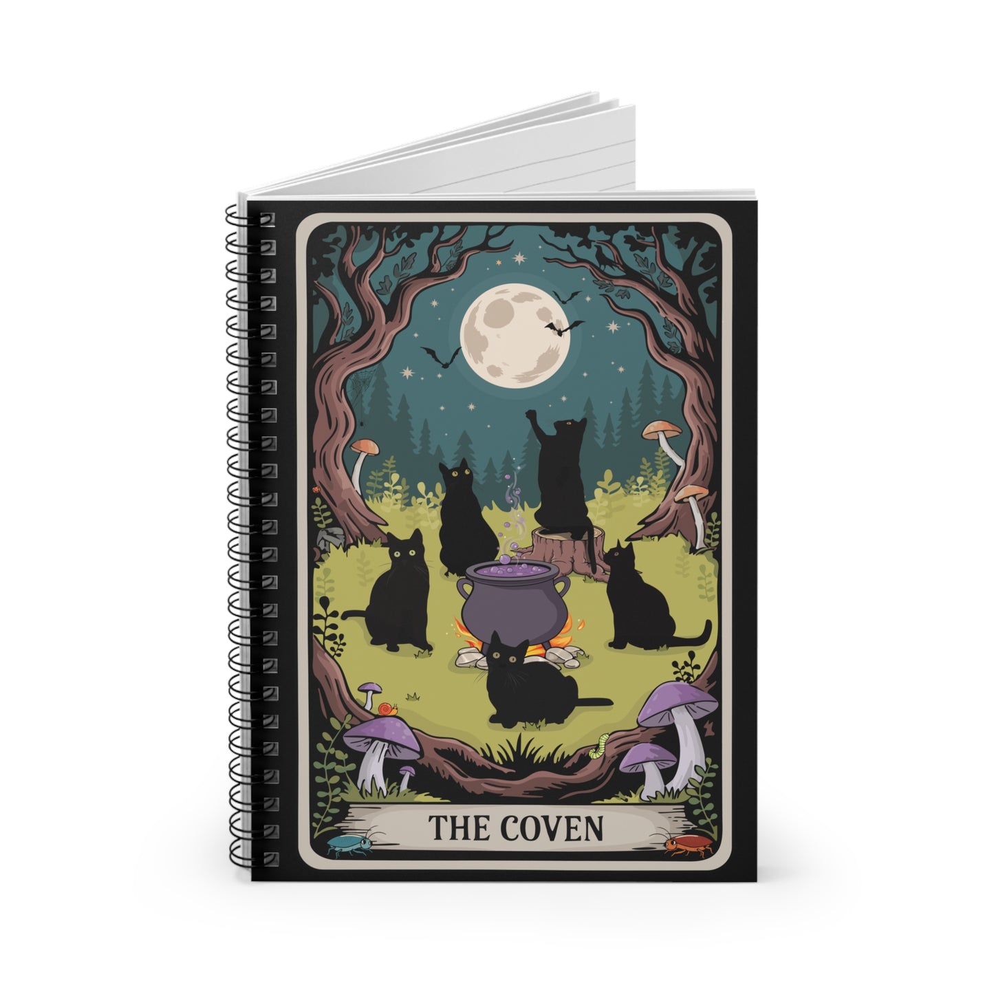 Mystical Black Cats Coven Tarot Card Notebook | 6"x8" Spiral Bound Lined Note Book, Witchcraft Journal, Halloween Cat Lover Gifts