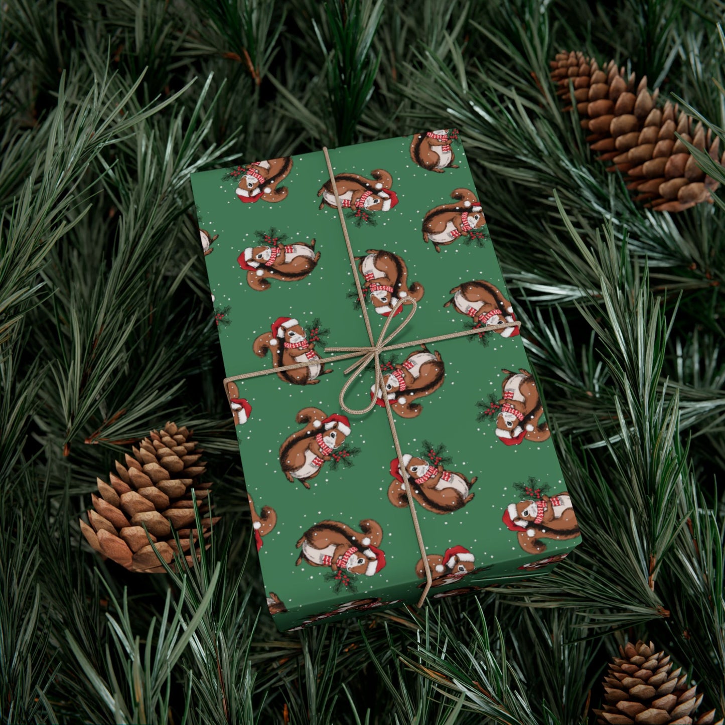 Squirrel Christmas Wrapping Paper, Festive Squirrels Print, Cheery Green Holiday Gift Wrap With Snowy Xmas Squirrel In Santa Hat