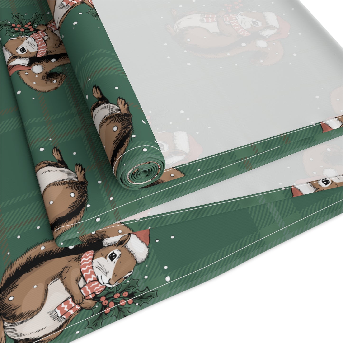 Festive Santa Squirrels Holiday Table Runner, Christmas Home Decor, Dining Tablecloth Linens, Green Plaid Squirrel Table Setting Runners