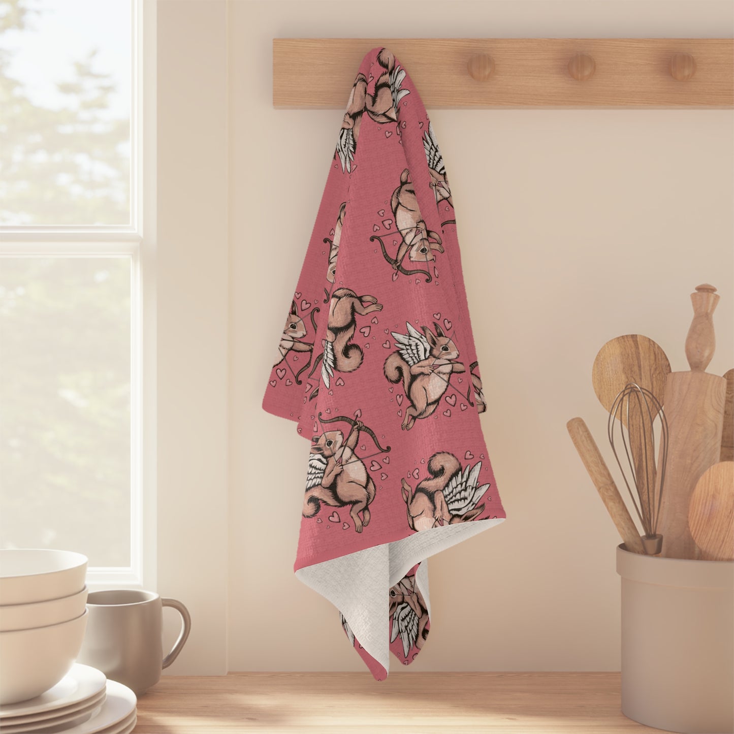 Cupid Squirrel Valentine's Day Pink Microfiber Tea Towel Kitchen Hand Towel with Cupid Arrow Squirrels Seasonal Kitchen Home Decor