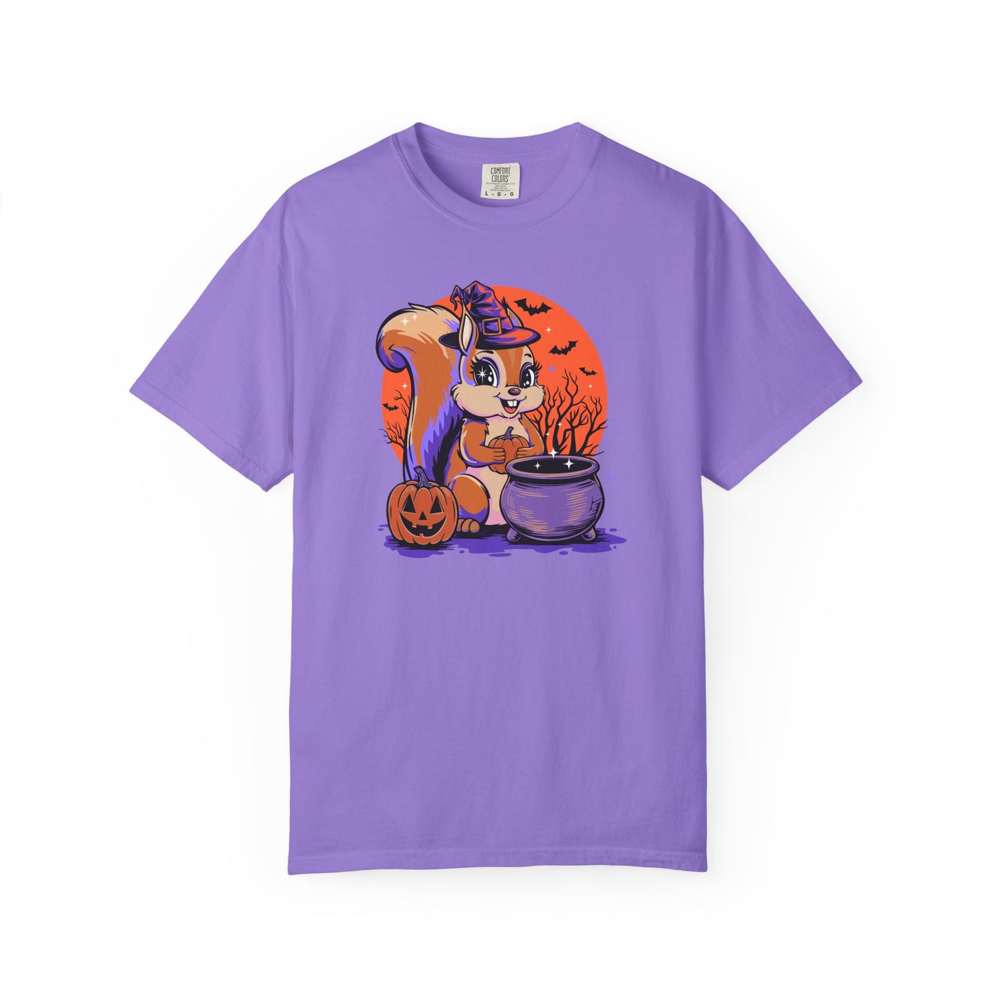Witchy Squirrel T-shirt, Halloween Witch Squirrels Pumpkin Cauldron & Bats, Spooky Magical Short Sleeve Tee Mens Womens Top