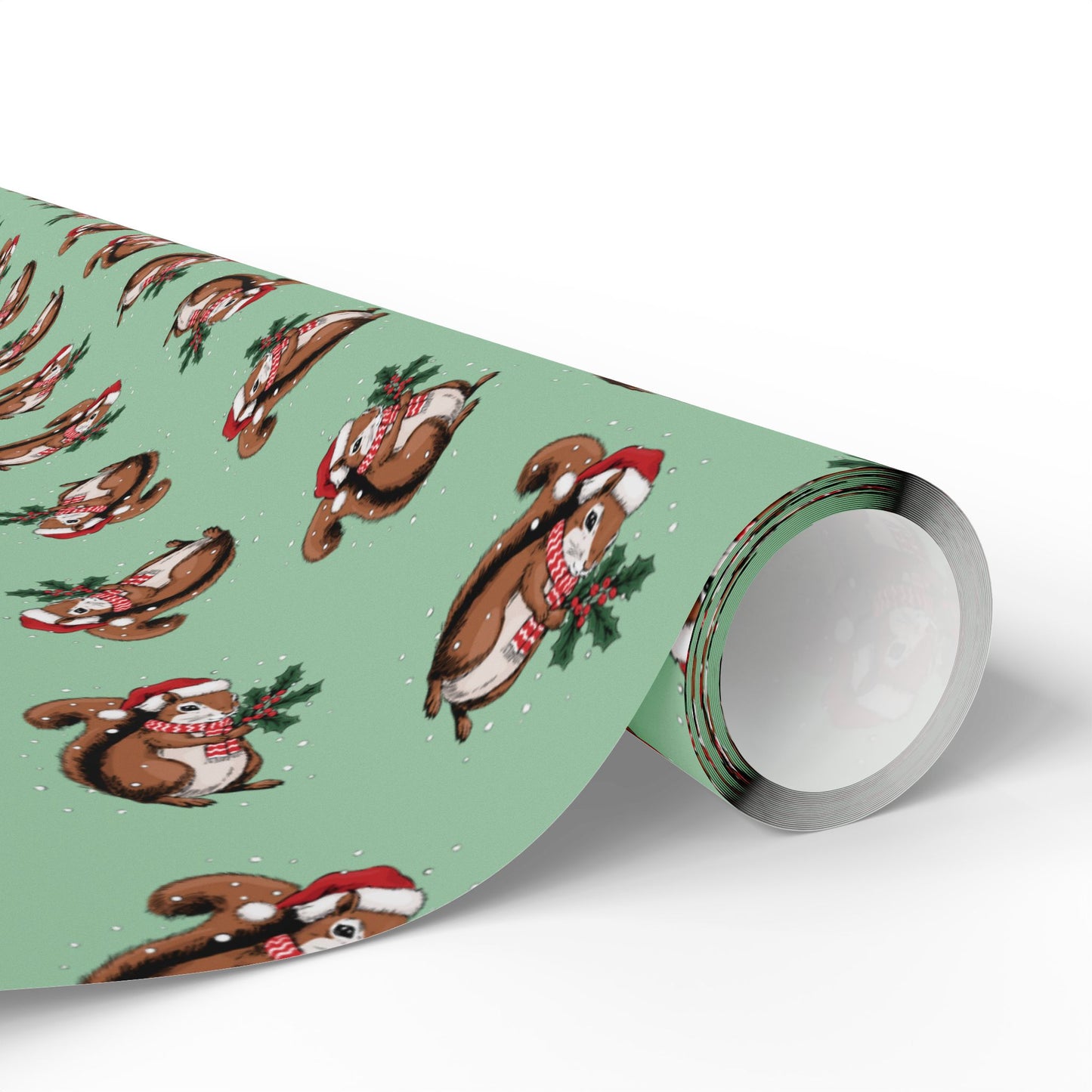 Squirrel Christmas Wrapping Paper, Festive Squirrels Print, Cheery Sage Green Holiday Gift Wrap With Snowy Xmas Squirrel In Santa Hat