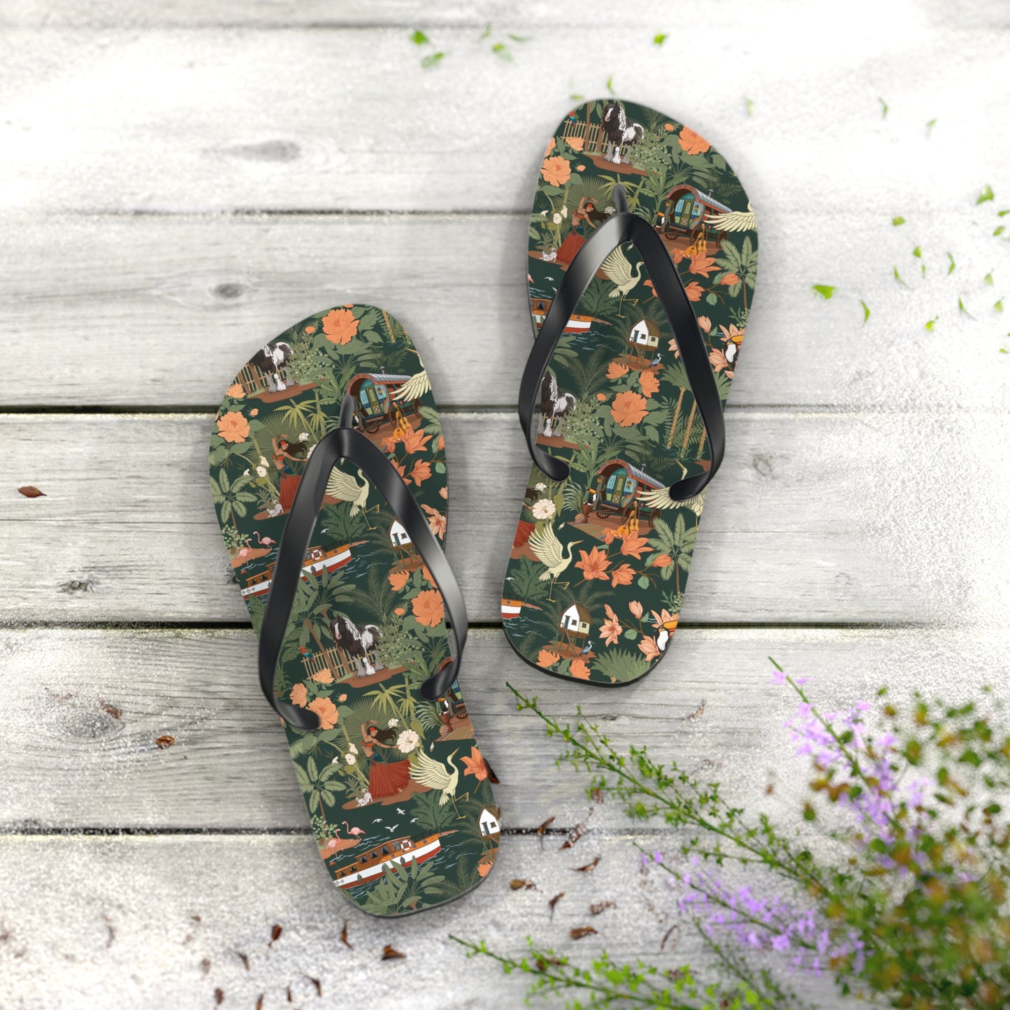 Tropical Nomad Floral Island Flip Flops | Vintage Travel Birds Pattern Sandals