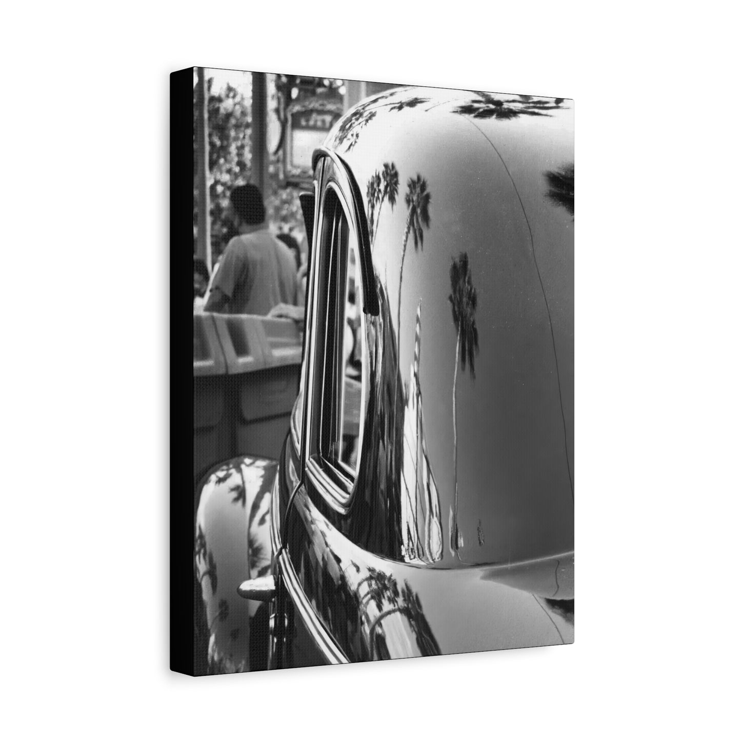Vintage Car with Palm Tree Reflections Matte Stretched Canvas Art Photography Print, Florida Black & White Photography Wall Art 1.25"