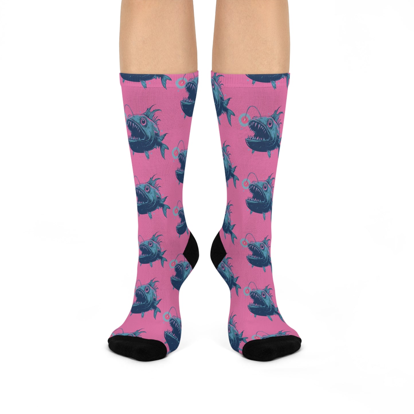 Deep Sea Anglerfish Socks, Pink & Teal Ocean Life Angler Fish Bioluminescent Lure Socks - Mens Womens Unisex One Size