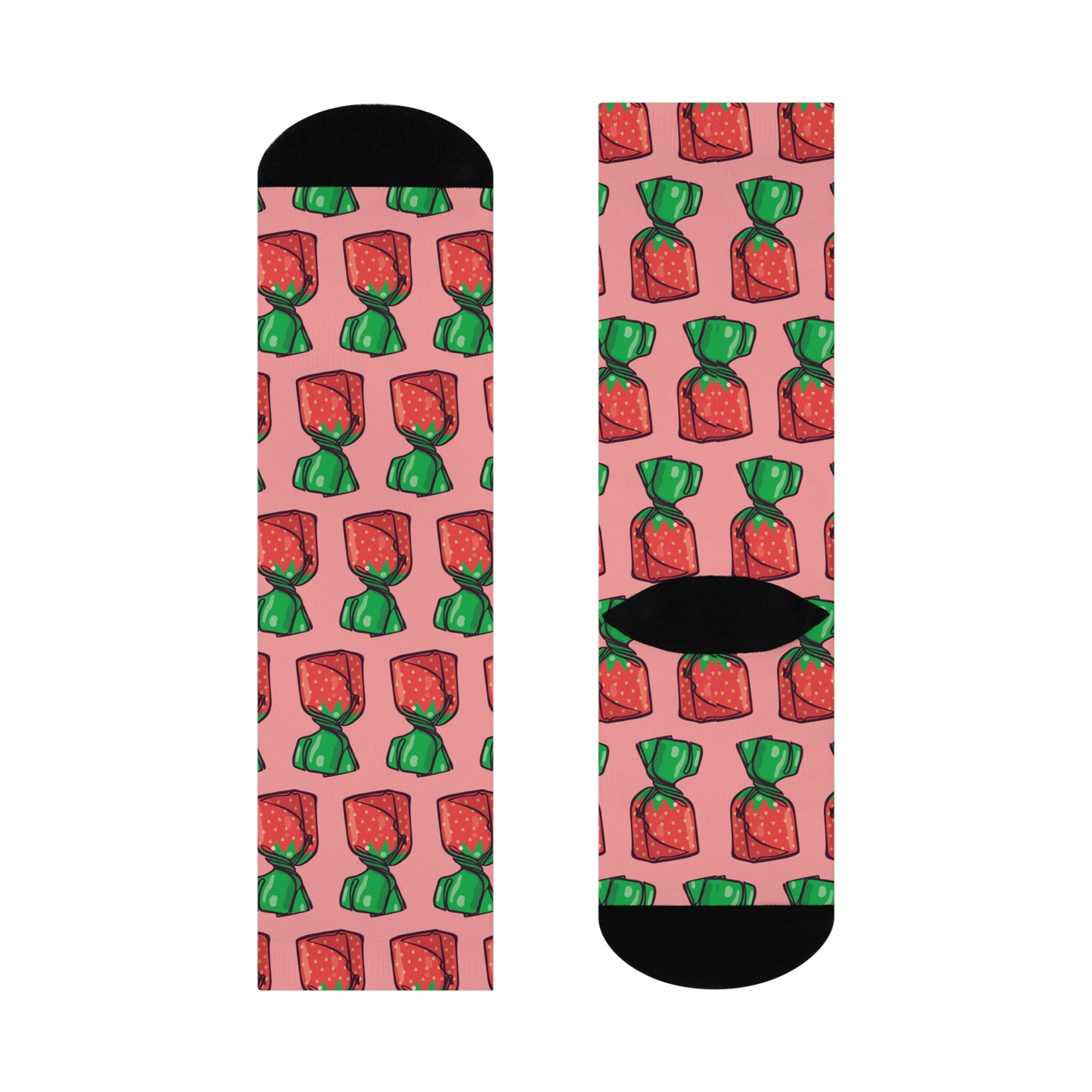 Crew Socks, Pink Strawberry Hard Candies Pattern, Fun Nostalgic Novelty Footwear, Retro Strawberries Candy Socks, Unisex One Size