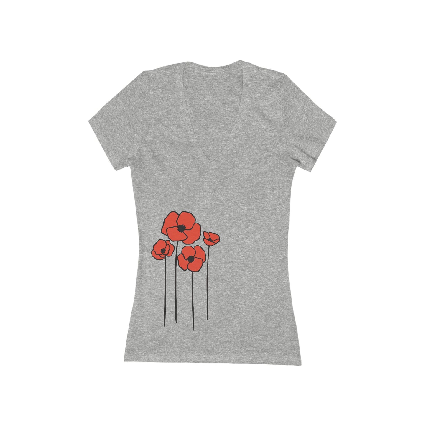 Poppy Flower Women's V-Neck Tee, Floral Poppies Ladies Shirt, Short Sleeve T-Shirts, Spring Summer Flowers Top, Gifts for Her