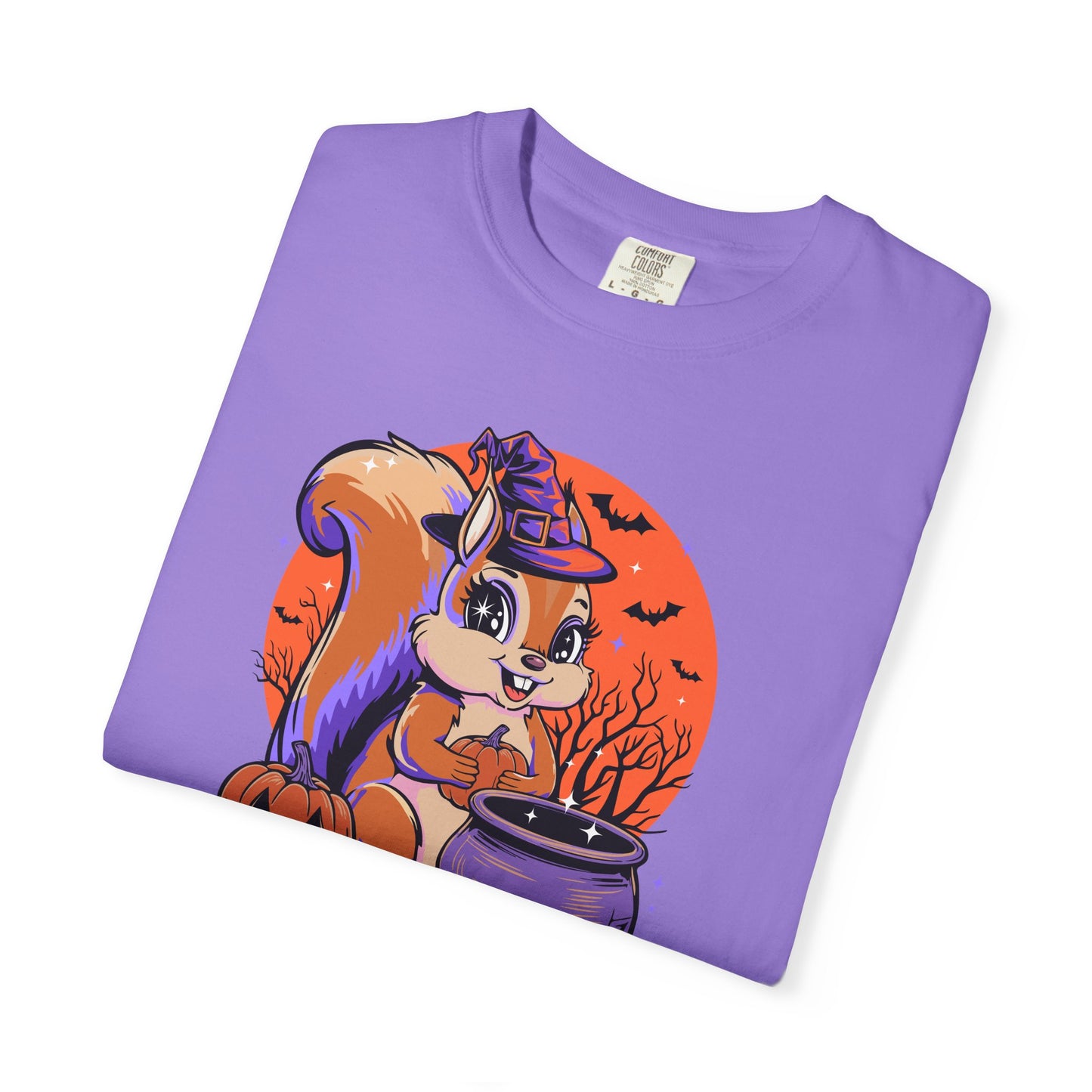 Witchy Squirrel T-shirt, Halloween Witch Squirrels Pumpkin Cauldron & Bats, Spooky Magical Short Sleeve Tee Mens Womens Top