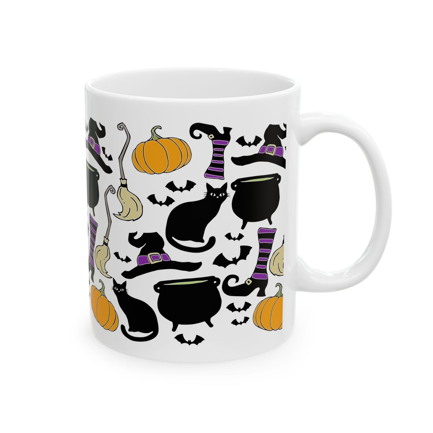 Witchy Things Halloween Ceramic Coffee Mug 11oz with Witch Hats, Black Cats, Pumpkins, Spooky Bats, & Cauldrons