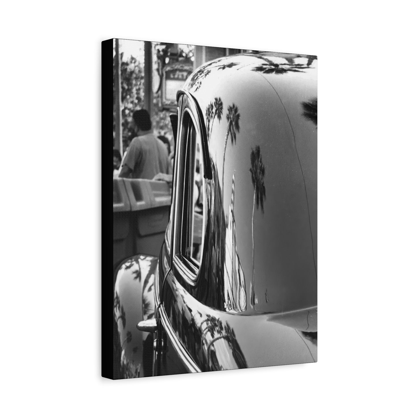 Vintage Car with Palm Tree Reflections Matte Stretched Canvas Art Photography Print, Florida Black & White Photography Wall Art 1.25"