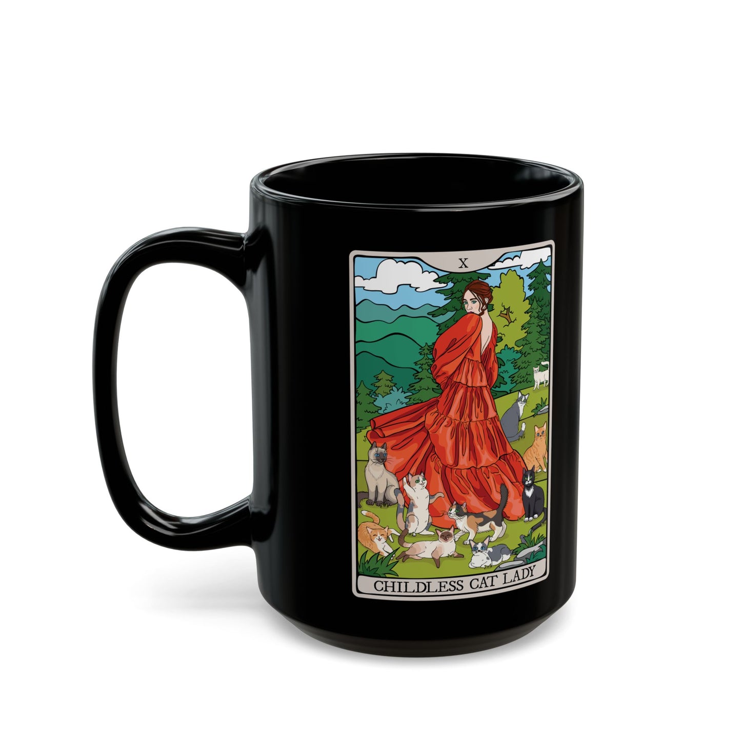 Black Mug - Childless Cat Lady Tarot Card Ceramic Coffee Cup, 15oz - Cat Lover Gift, Woman with Cats Mugs, Tarot Card Reader Gifts