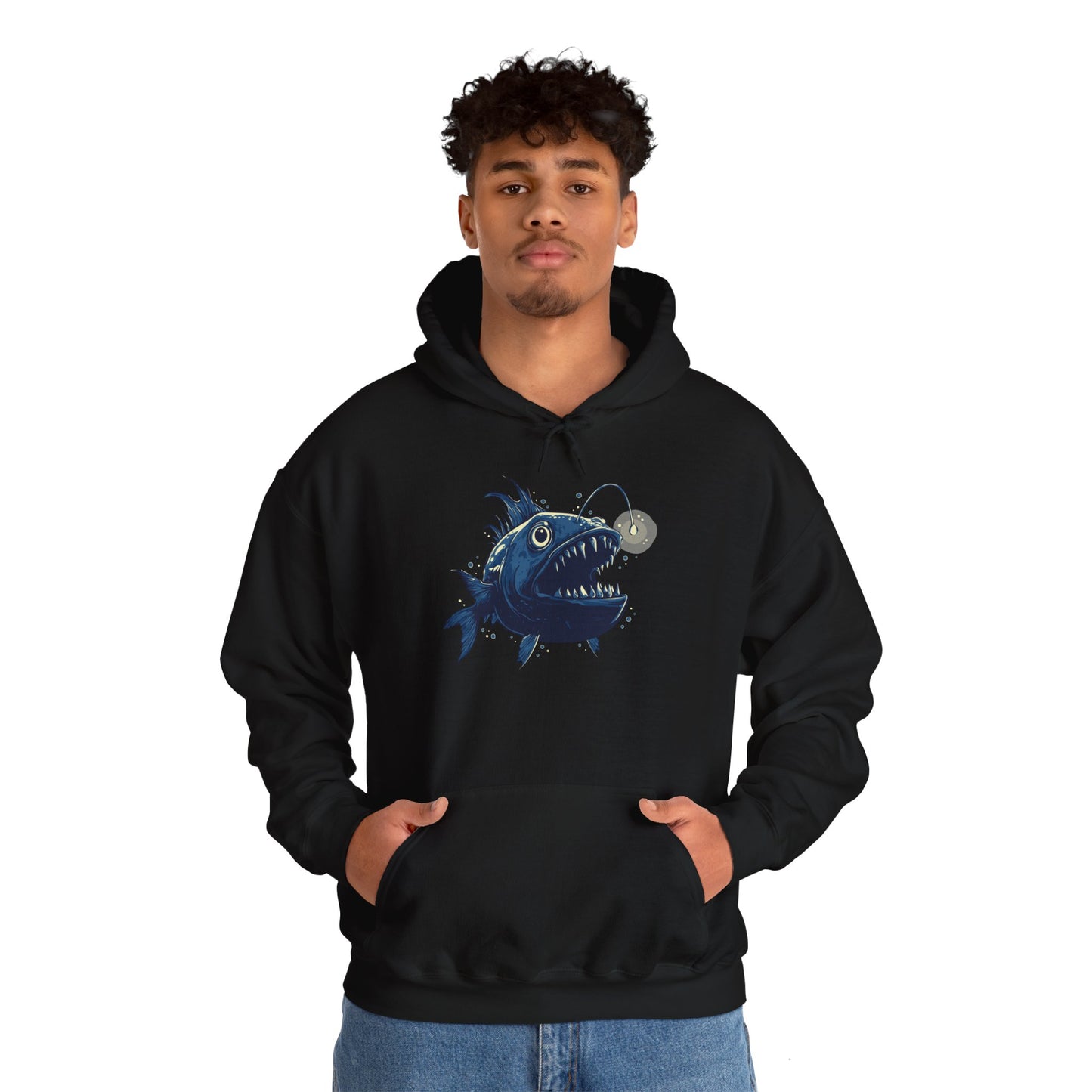 Deep Sea Anglerfish Glow Hoodie, Ocean Life Angler Fish Bioluminescent Lure Hooded Sweatshirt - Mens Womens Unisex