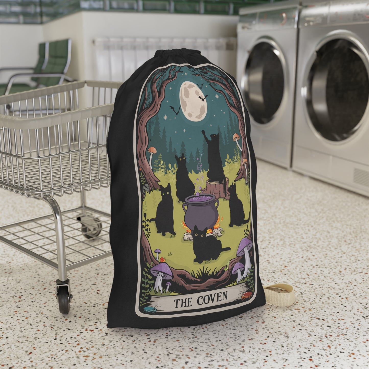 Witchy Cats Coven Laundry Bag, Tarot Card Cat Tote, Magic Gothic Storage Bag, Pagan Gift, Halloween Decor, Witch Dorm Room Accessories