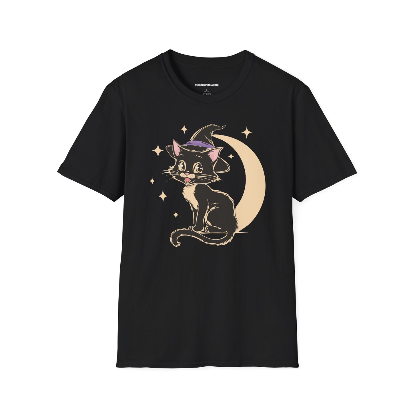 Witchy Kitty Cotton T-Shirt - Black Cat Halloween Graphic Tee with Retro Kitten and Witch Hat with Spooky Crescent Moon Print
