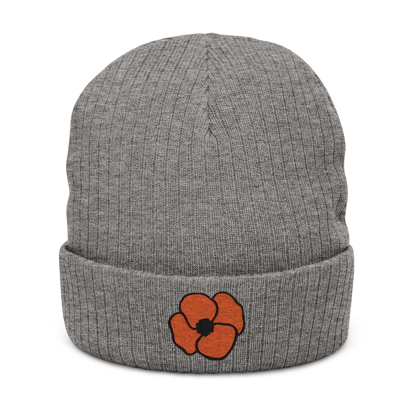 Poppy Flower Beanie, Floral Poppy Embroidered Ribbed Knit Hat Cap, Gift for Her, Women's Fashion Accessory