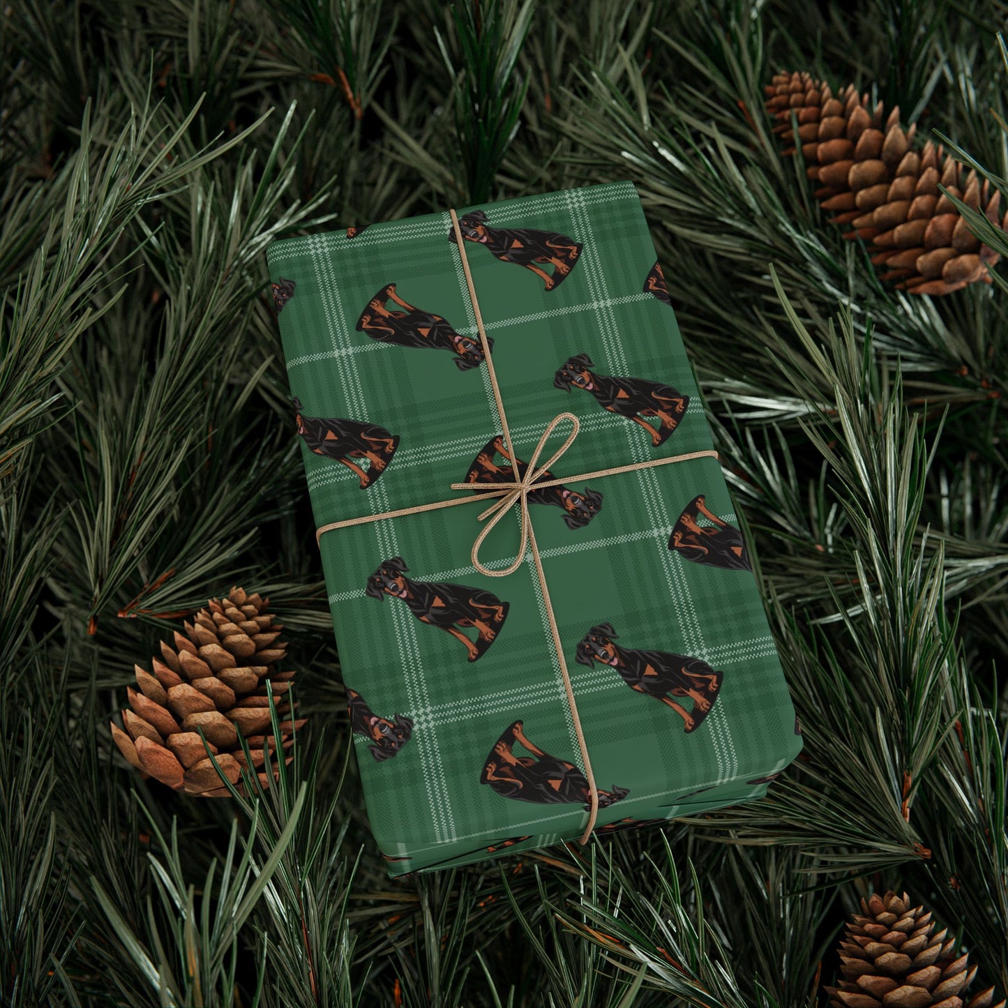 Doberman Pinscher Dog Wrapping Paper, Green Plaid Dogs Print Gift Wrap Roll, Christmas Holiday Birthday Matte Wrapping Papers
