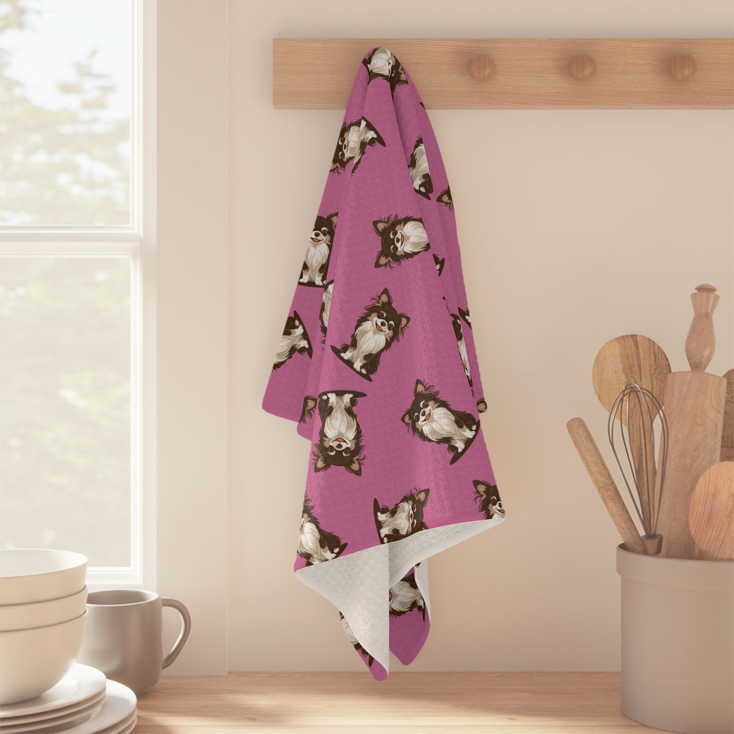 Long Haired Chihuahua Dog Kitchen Hand Towel Microfiber Pink Tea Towel with Fluffy Long Coat Chihuahuas Puppy Dogs Pattern