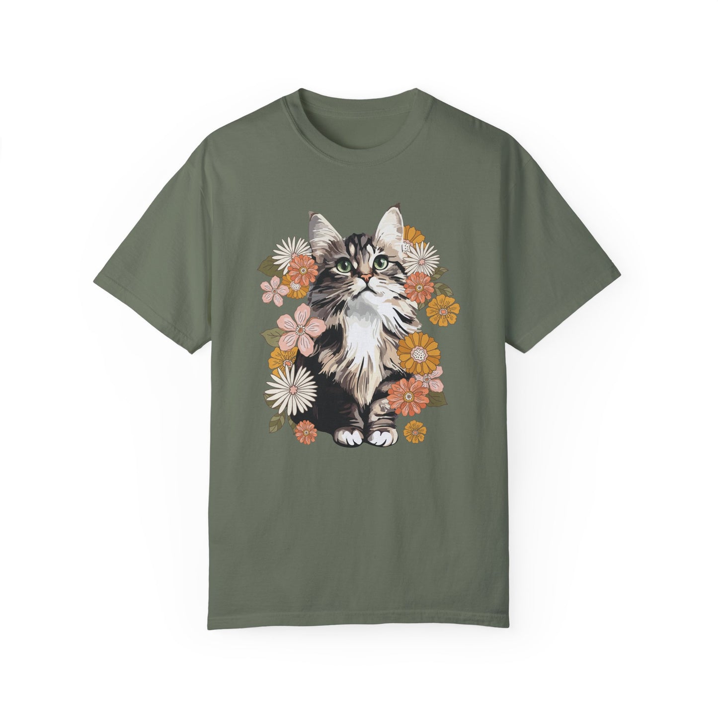 Moonchi Fluffy Kitty In Flowers T-shirt Floral Cat Tee Shirt | Gift for Pet Owners | Retro Vintage Style Tee Summer Apparel
