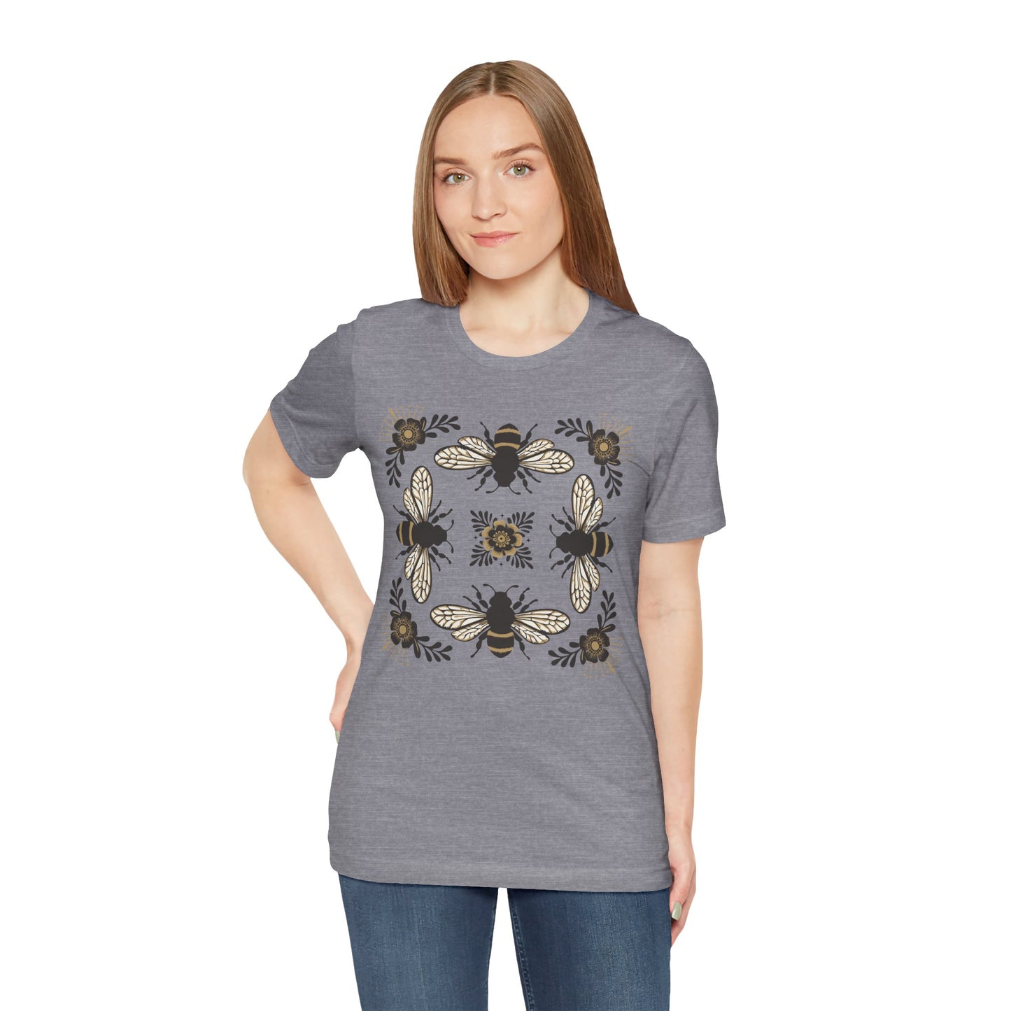 Bees & Flowers Botanical T-Shirt, Nature Lover Tee, Garden Gift for Women, Spring Summer Ladies Top, Tee with Four Bees Floral Graphic