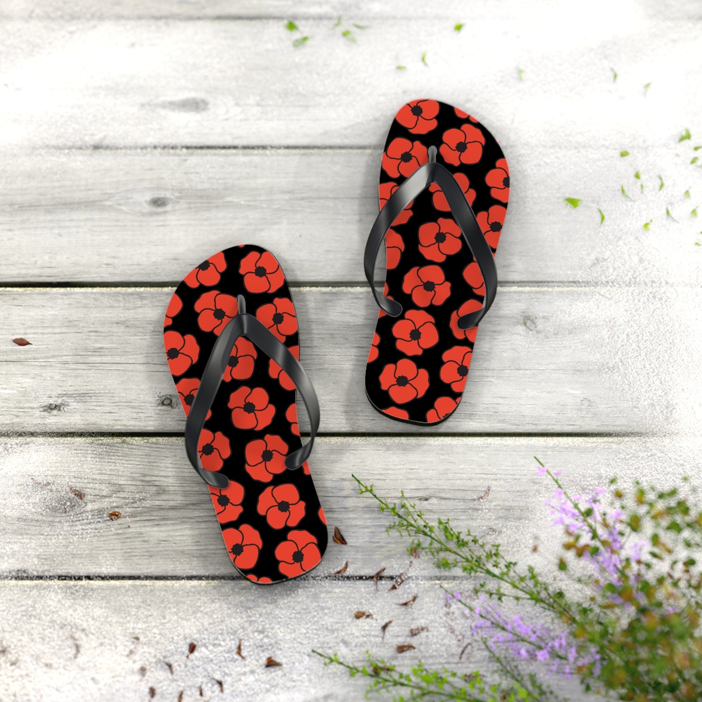 Floral Poppies Flip Flops - Poppy Flowers Spring Summer Sandals, Beach Footwear, Vacation Essentials, Outdoor Relaxation, Gift for Her