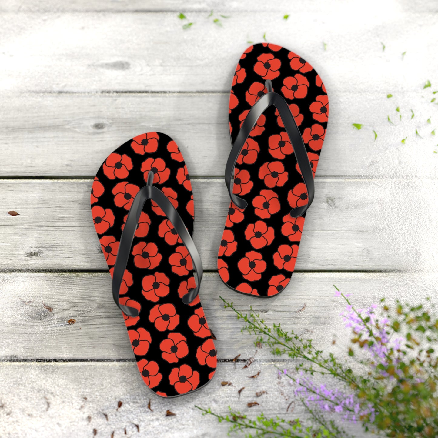 Floral Poppies Flip Flops - Poppy Flowers Spring Summer Sandals, Beach Footwear, Vacation Essentials, Outdoor Relaxation, Gift for Her