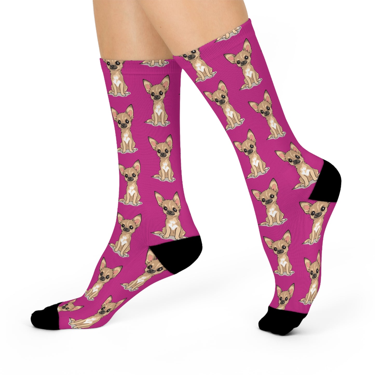 Pink Twila Chihuahua Puppy Dog Pattern Cushioned Crew Socks With Cute Tan Doggy Chihuahuas Dogs Pet Print
