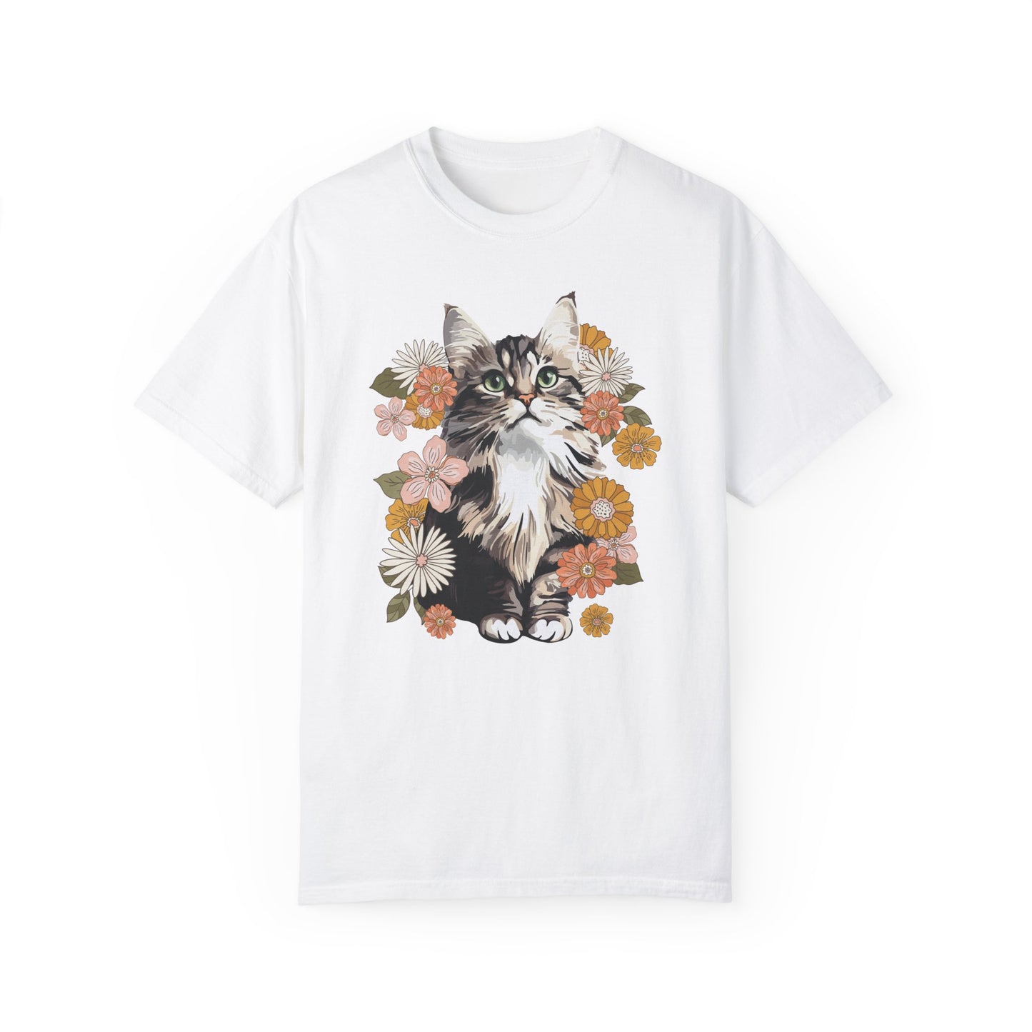 Moonchi Fluffy Kitty In Flowers T-shirt Floral Cat Tee Shirt | Gift for Pet Owners | Retro Vintage Style Tee Summer Apparel