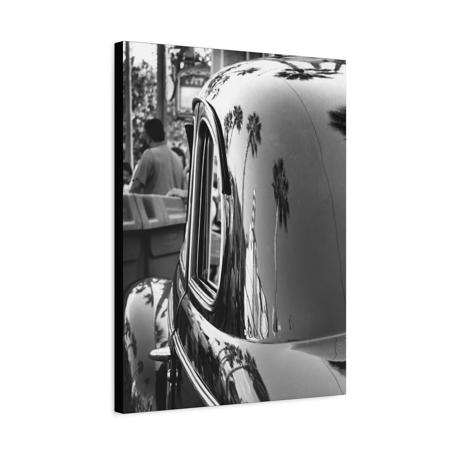 Vintage Car with Palm Tree Reflections Matte Stretched Canvas Art Photography Print, Florida Black & White Photography Wall Art 1.25"