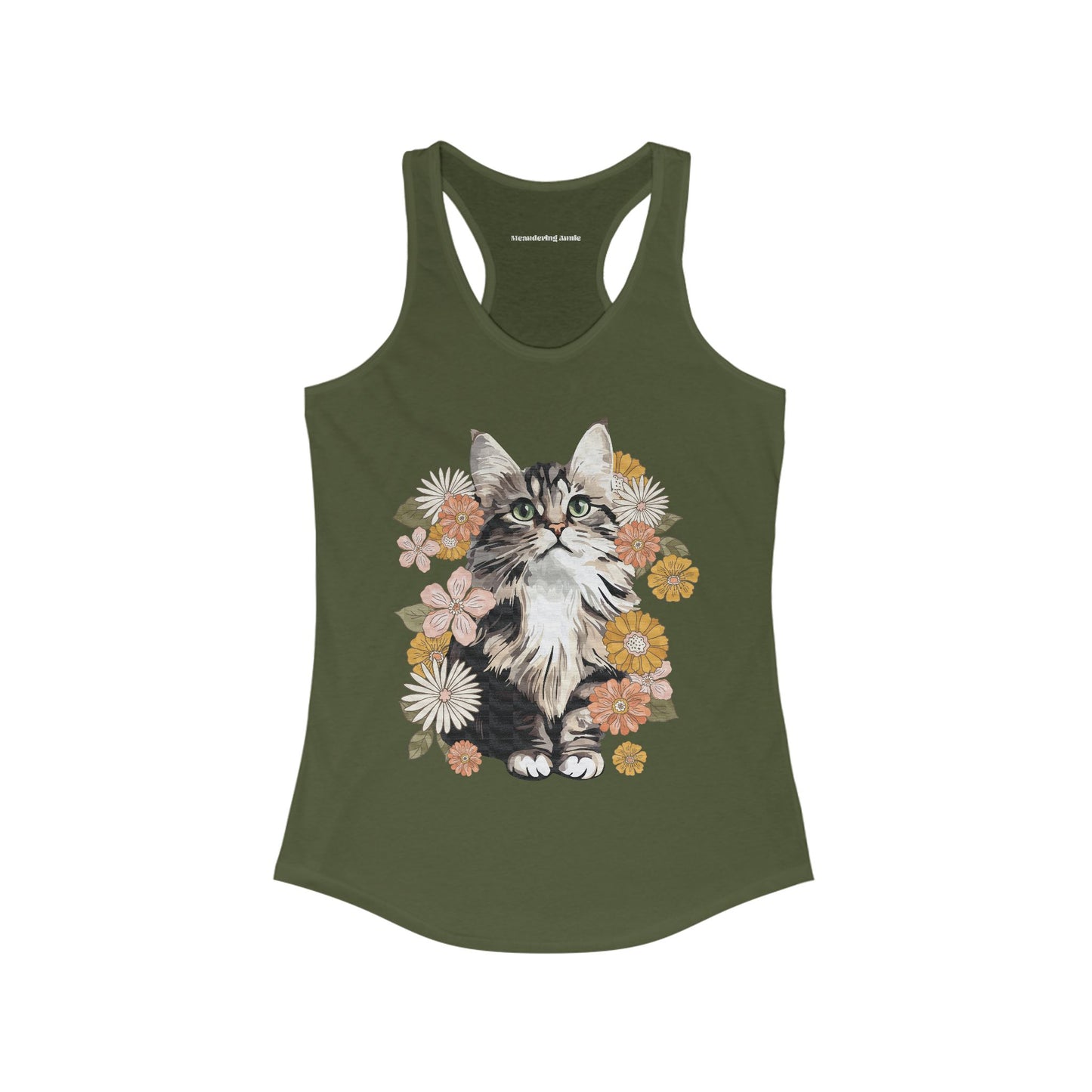 Moonchi Fluffy Kitty In Flowers Women's Racerback Tank Top Floral Cat Sleeveless Shirt Nature Apparel Tops