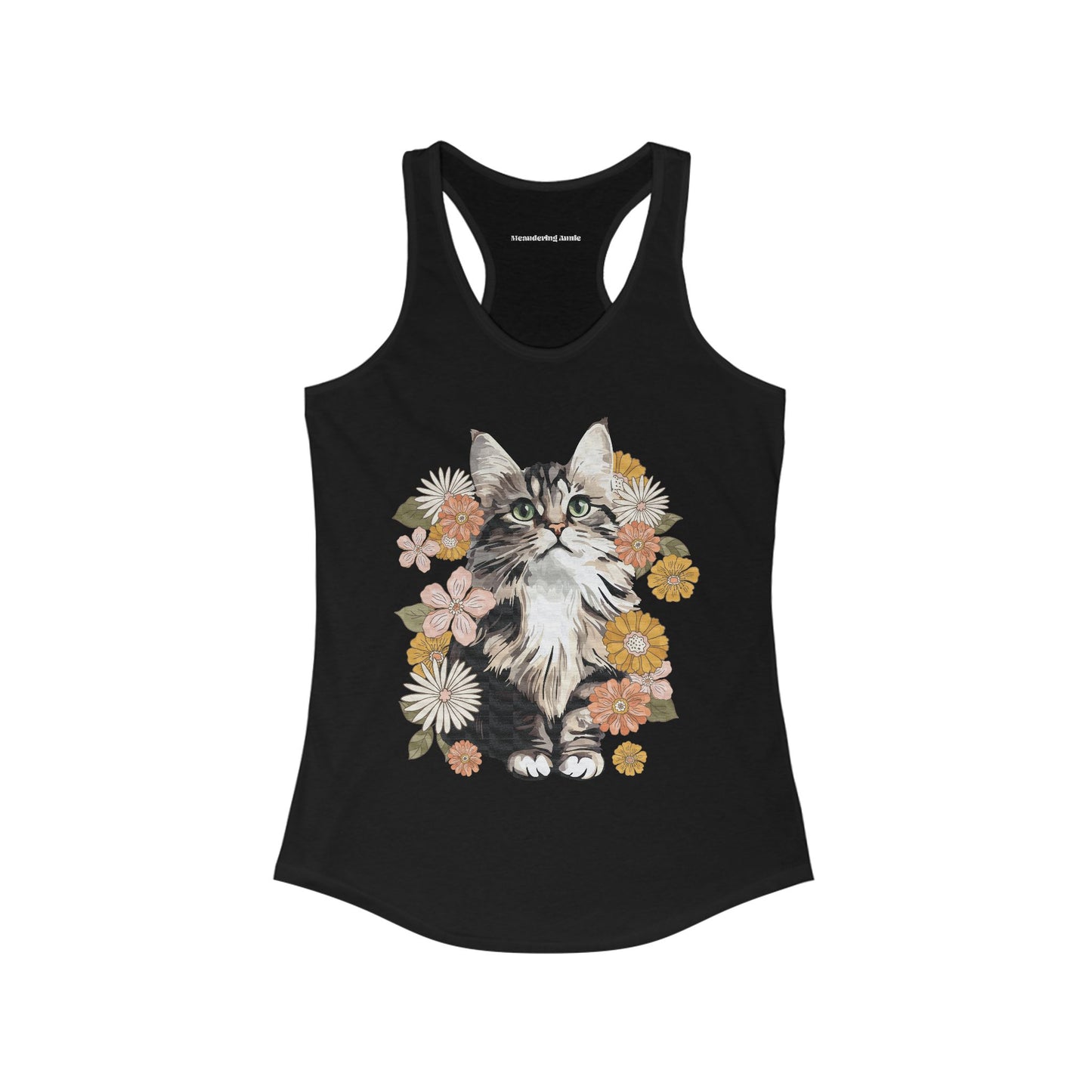 Moonchi Fluffy Kitty In Flowers Women's Racerback Tank Top Floral Cat Sleeveless Shirt Nature Apparel Tops
