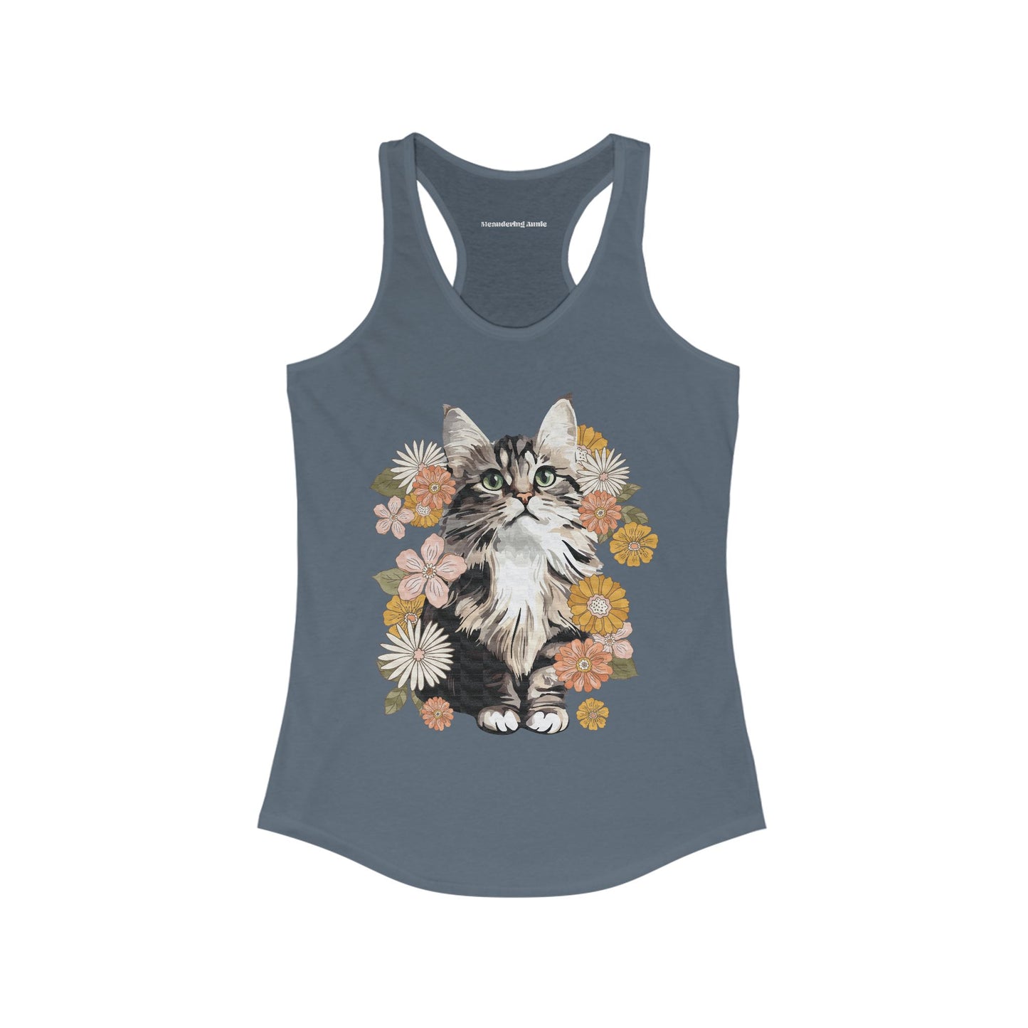 Moonchi Fluffy Kitty In Flowers Women's Racerback Tank Top Floral Cat Sleeveless Shirt Nature Apparel Tops