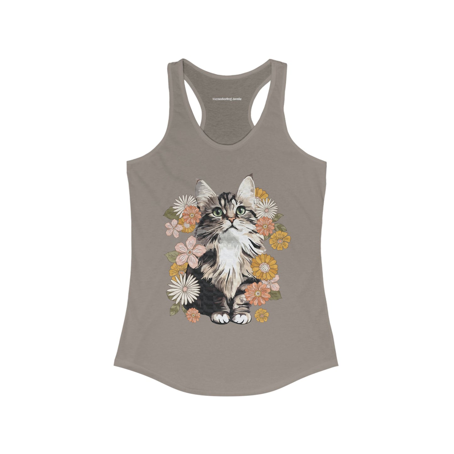 Moonchi Fluffy Kitty In Flowers Women's Racerback Tank Top Floral Cat Sleeveless Shirt Nature Apparel Tops