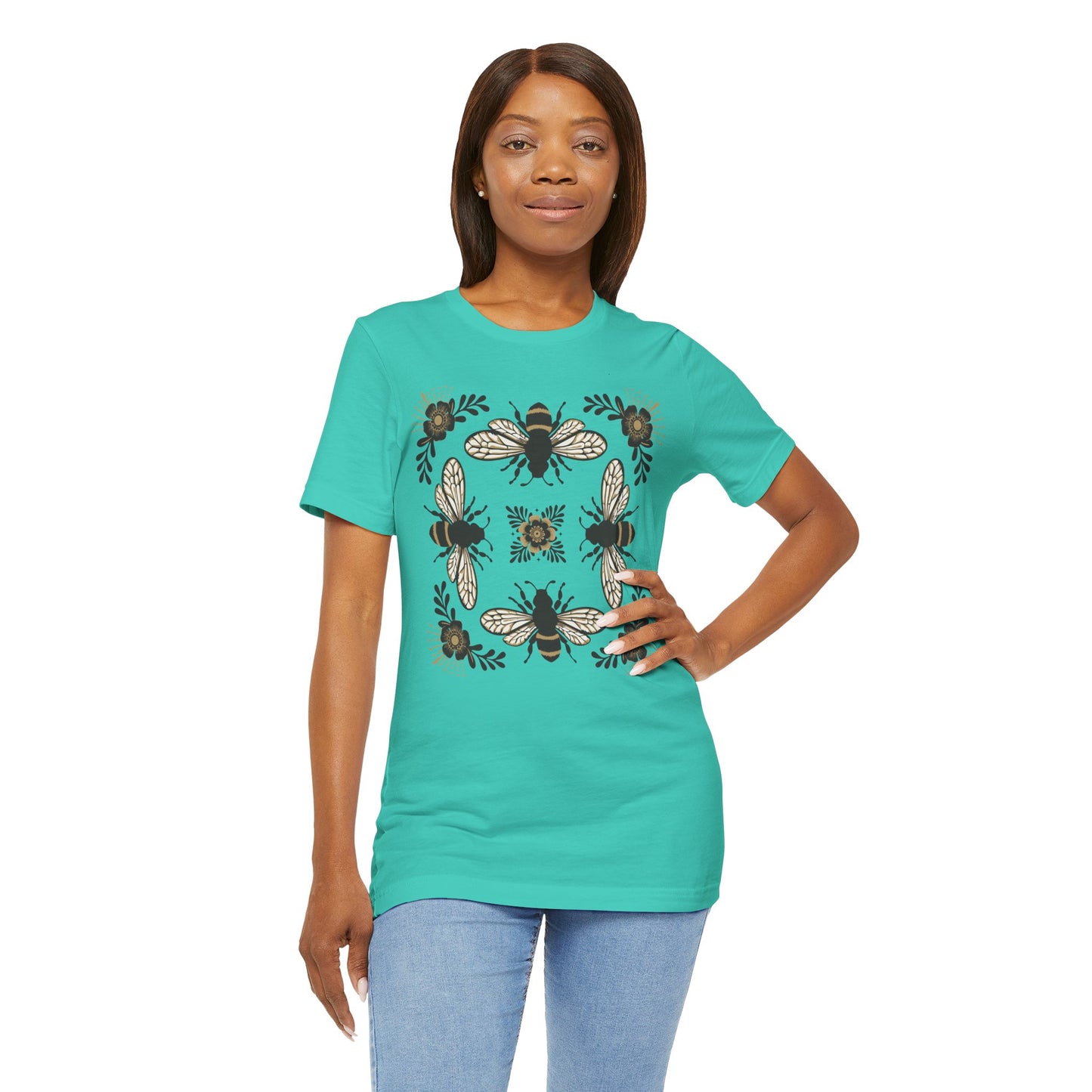 Bees & Flowers Botanical T-Shirt, Nature Lover Tee, Garden Gift for Women, Spring Summer Ladies Top, Tee with Four Bees Floral Graphic