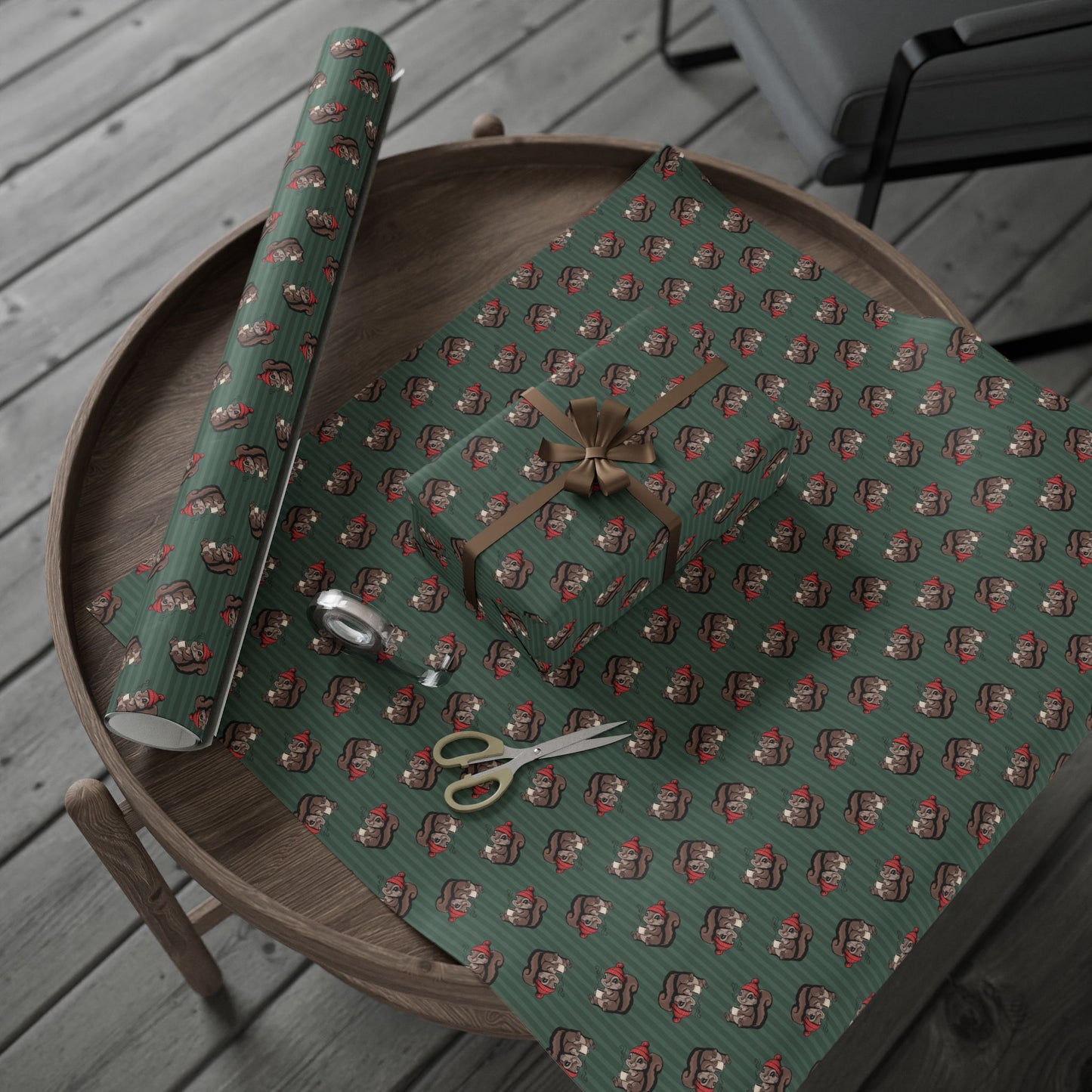 Cozy Squirrel Holiday Wrapping Paper, Cute Animal Green Striped Christmas Gift Wrap Roll Woodland Squirrels Pattern, Matte Finish