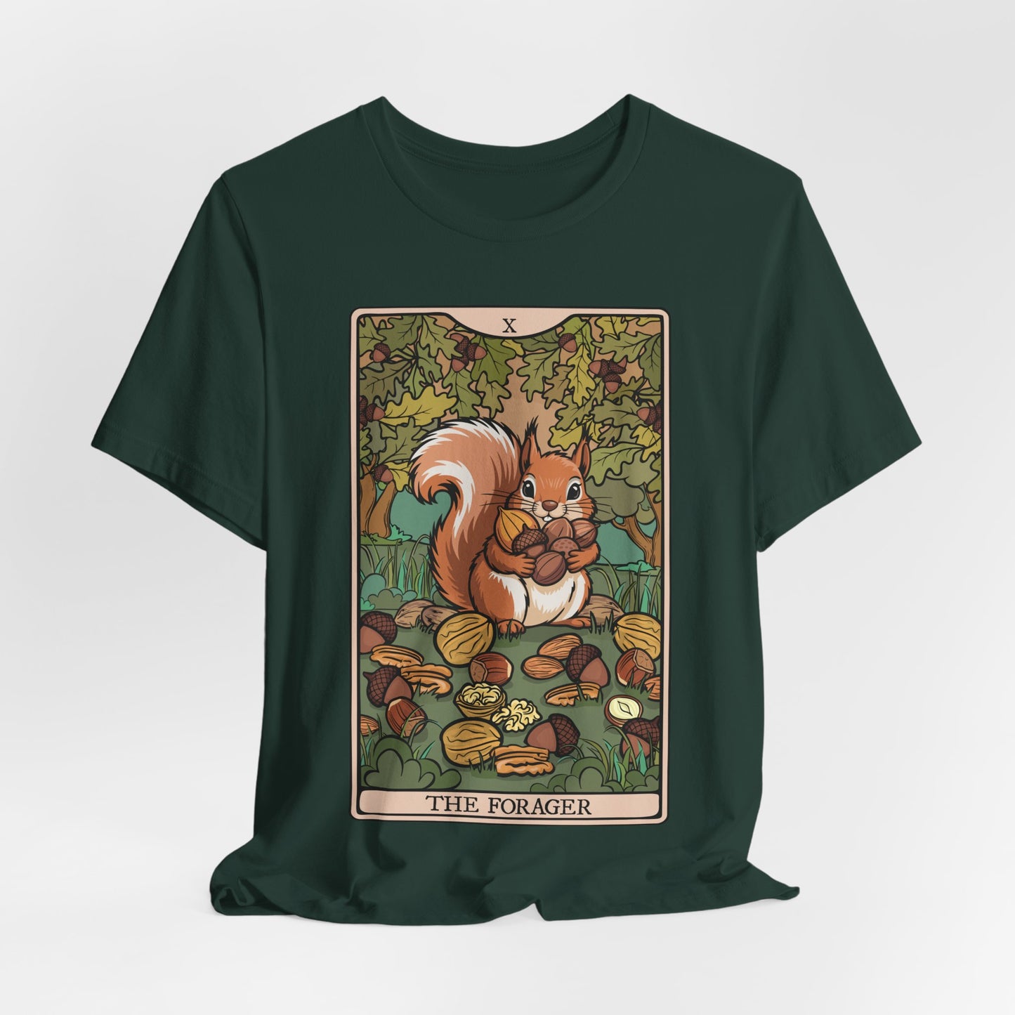 The Forager Squirrel Tarot Card Illustration Tee | Autumn Foraging Woodland Squirrels and Nuts Cotton T-shirt, Fall Nature Tees