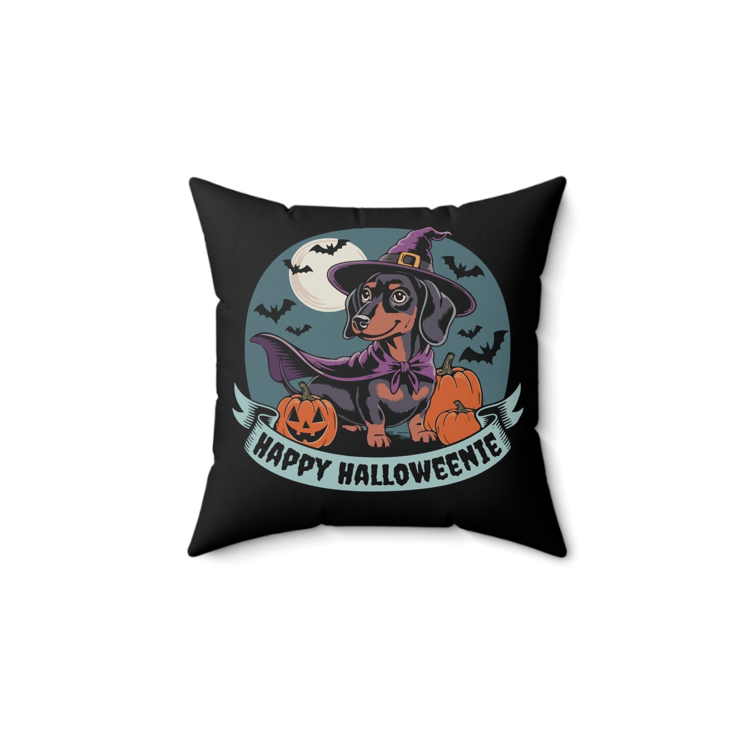 Happy Halloweenie Witchy Dachshund Halloween Throw Pillow, Wiener Dog Spooky Faux Suede Pillow & Cover, Gothic Fall Holiday Home Decor