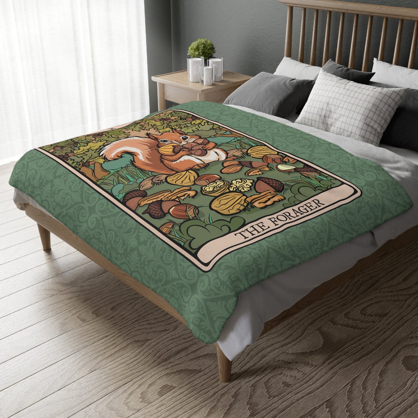 The Forager Squirrel Tarot Card Blanket | Foraging Squirrels Woodland Green Plaid Back Velveteen Plush Throw Blankets Bedding 60x80